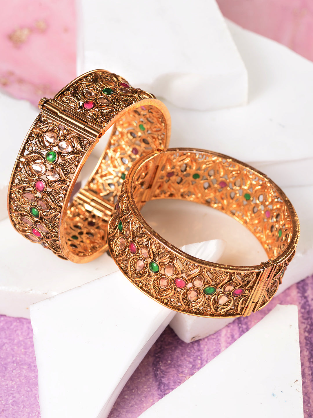 Set Of 2 Gold Plated Multi stone Studded Antique Bangles