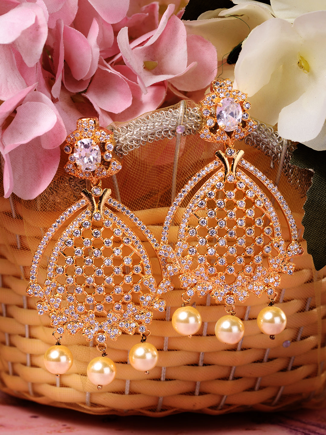 Gold Plated White AD studded handcrafted Chandballi Earrings