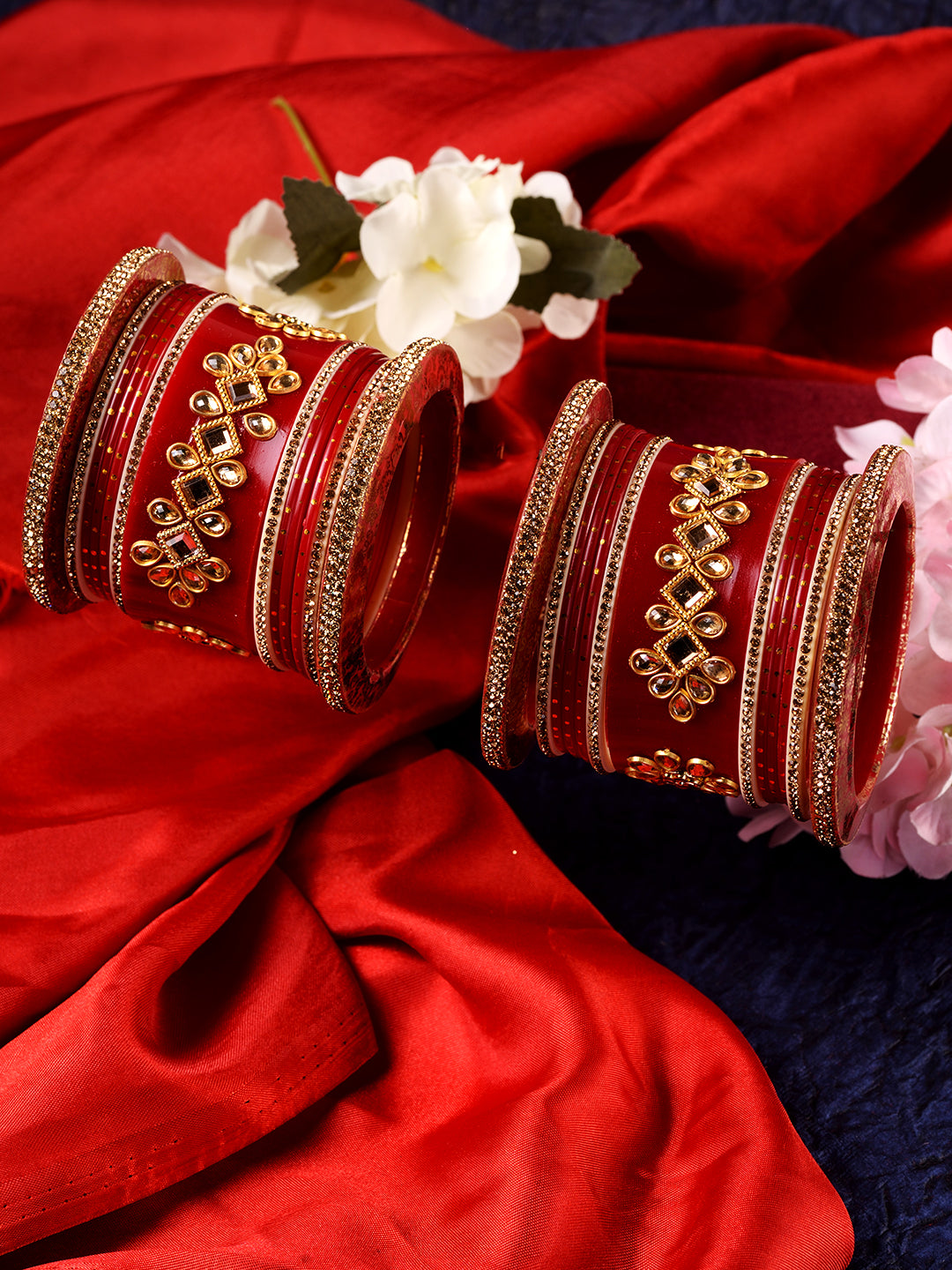 Gold Plated set Of 2 Matching Red Bangles kundan studded Bridal designer Chuda