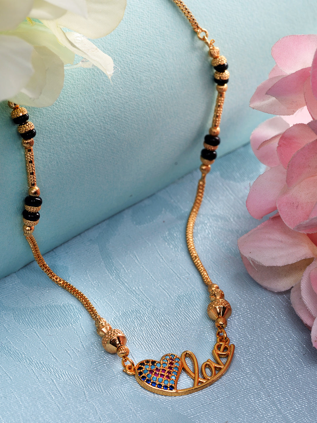Gold Toned Heart Shaped Stone Studded & Beaded Mangalsutra
