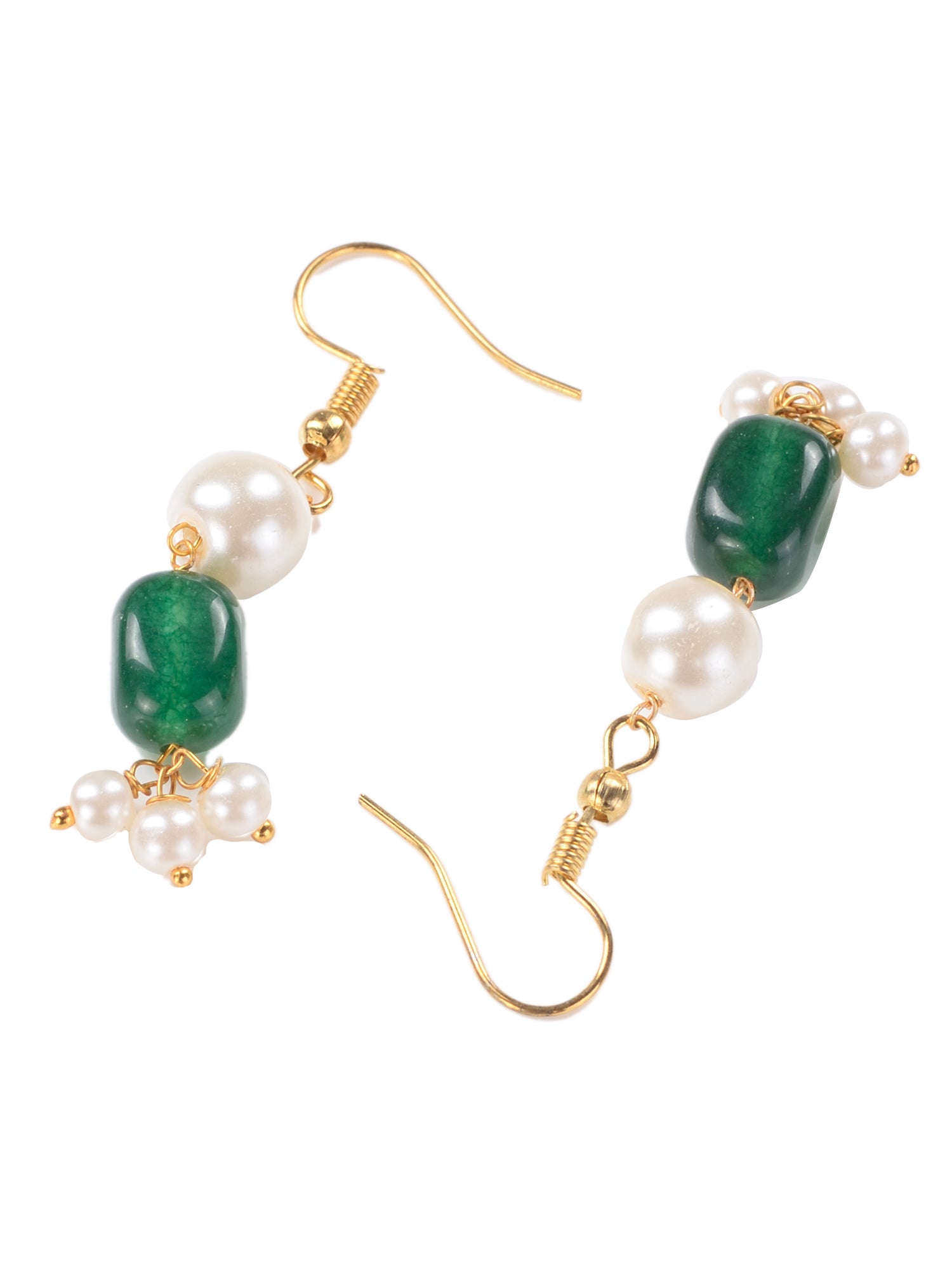 Gold Toned Multi Layered White & Green Pearls Beaded Mala Jewellery Set Earrings