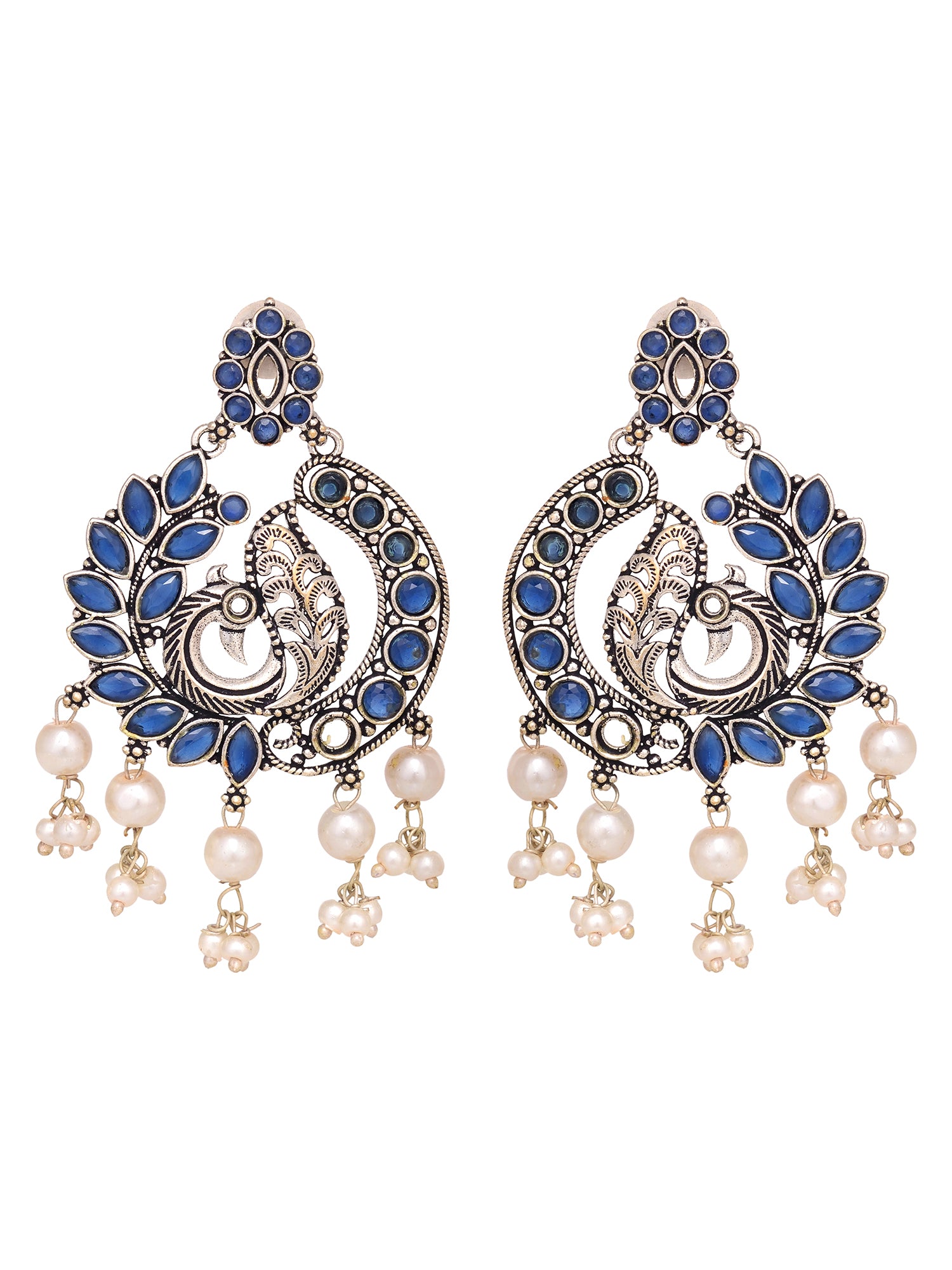 Silver Plated Oxidised Blue Peacock shaped Earrings