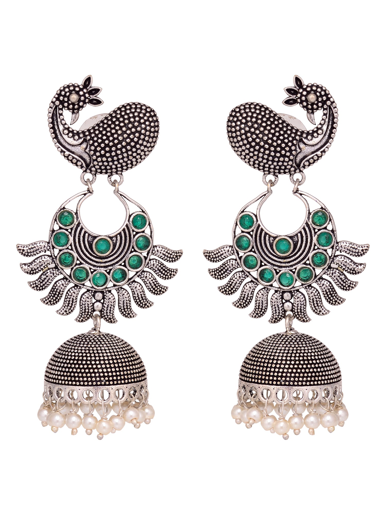 Silver Tonned Peacock design Oxidised Jhumka Earrings
