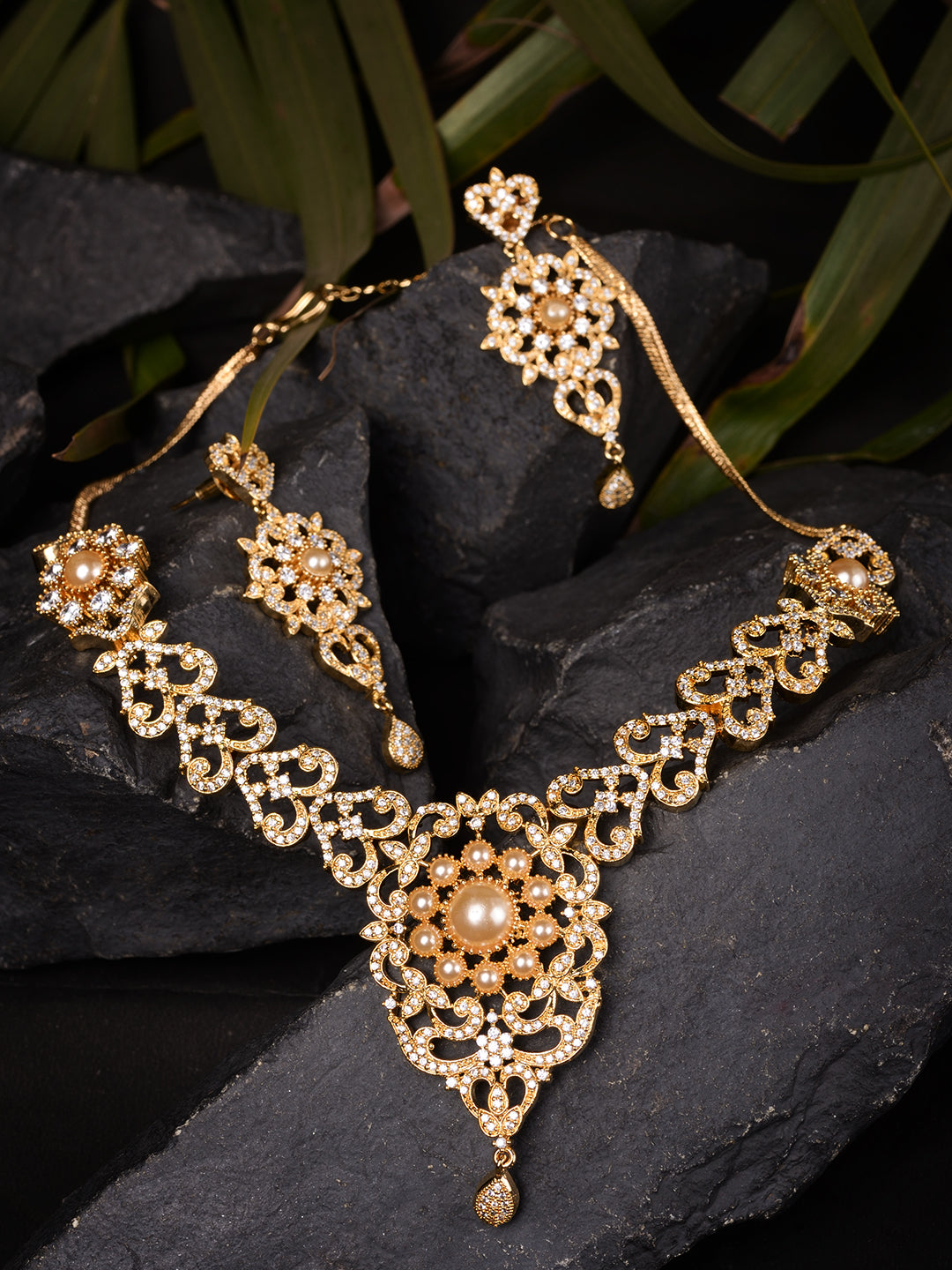 Gold Plated Designer Necklace Gold Pearl drops Earrings Set