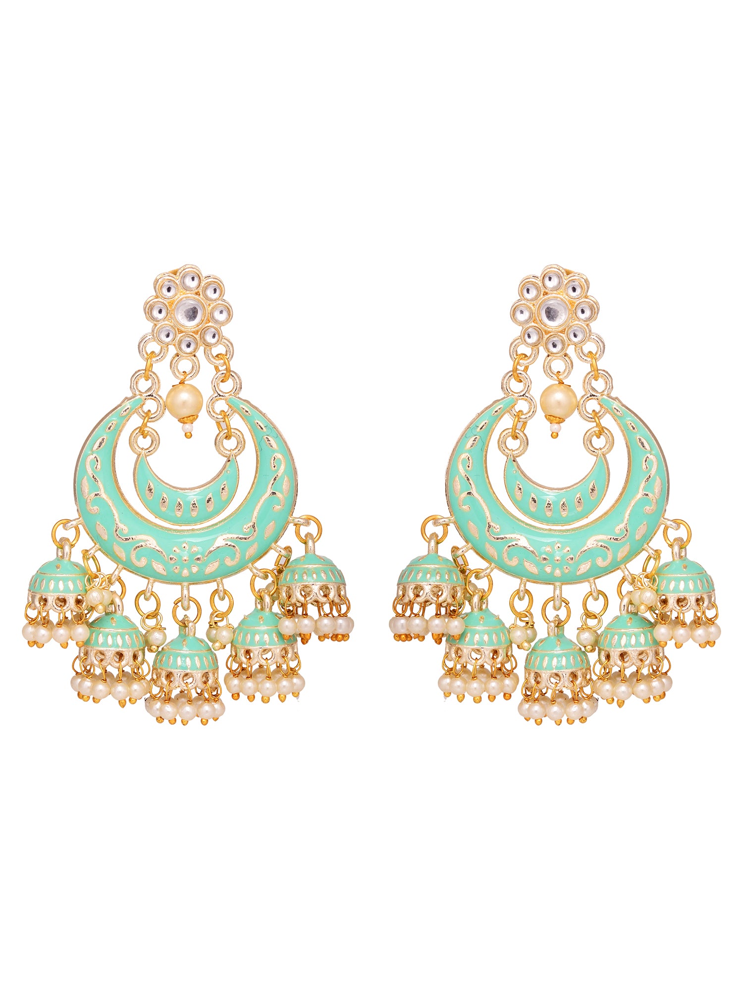 Gold Plated Mint Contemporary Chandbali Drop Earrings