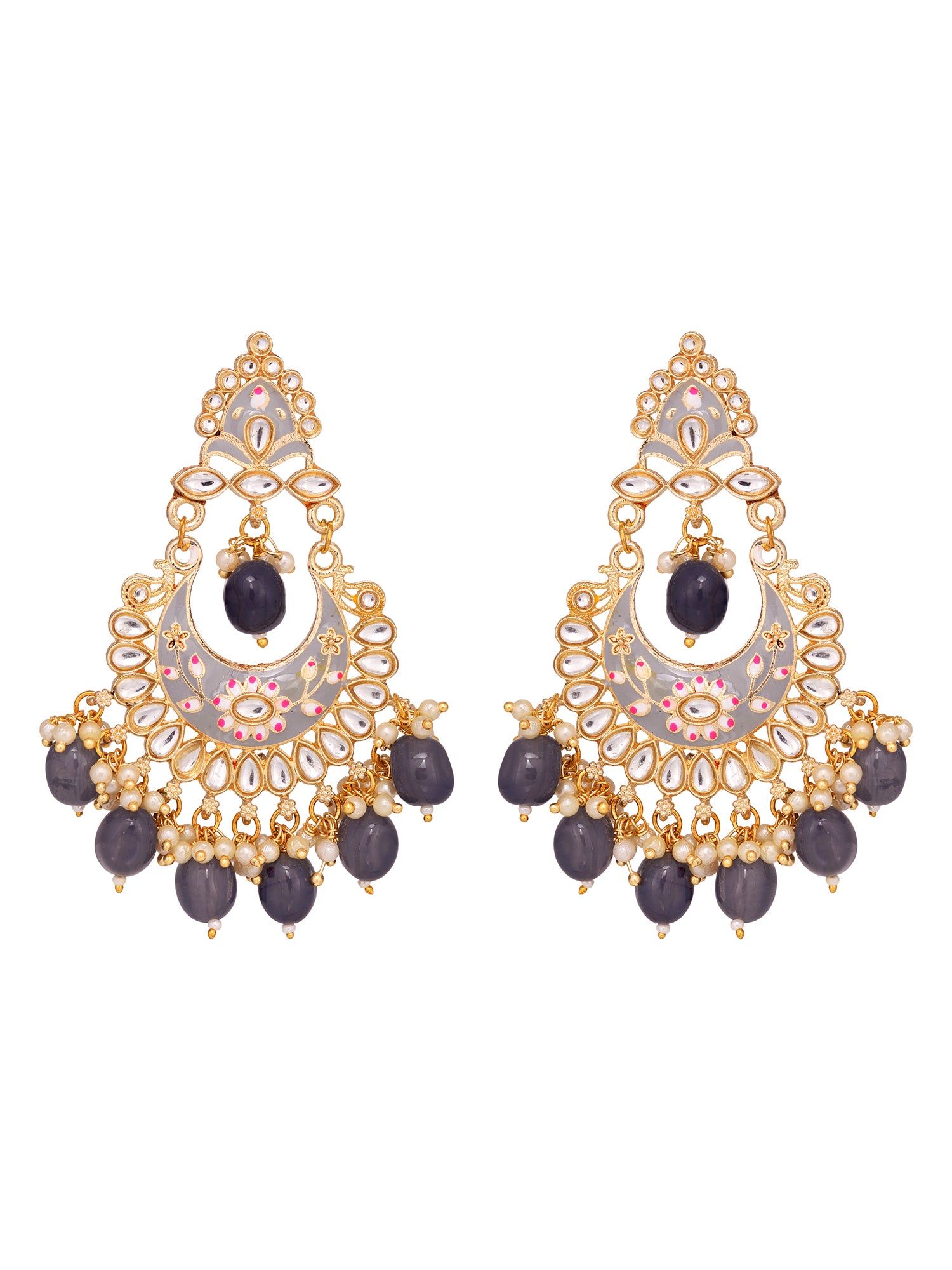 Gold Plated Grey Contemporary Chandbali Drop Earrings