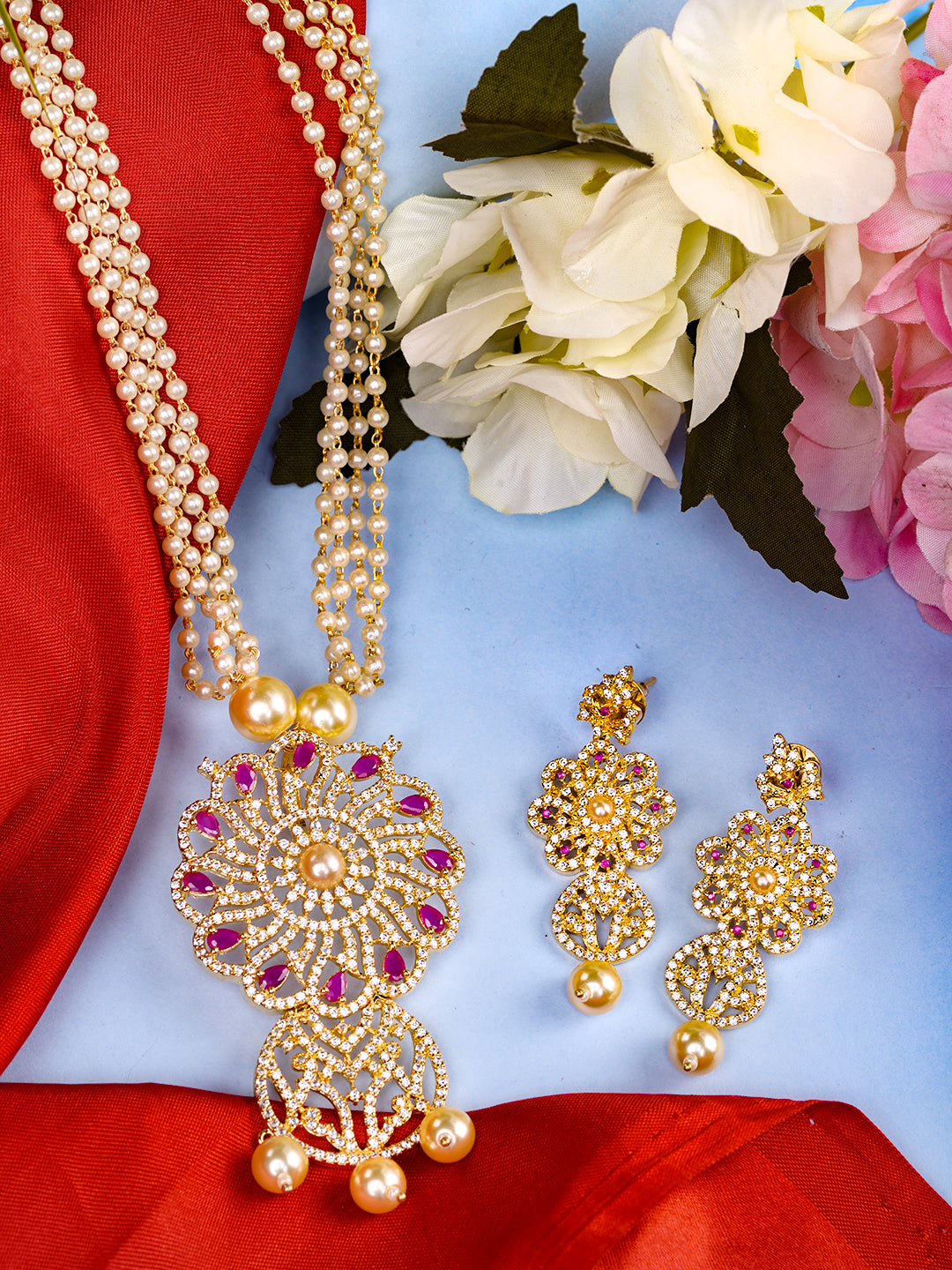 Gold Plated Red AD studded Floral Pendant Necklace Earrings Set