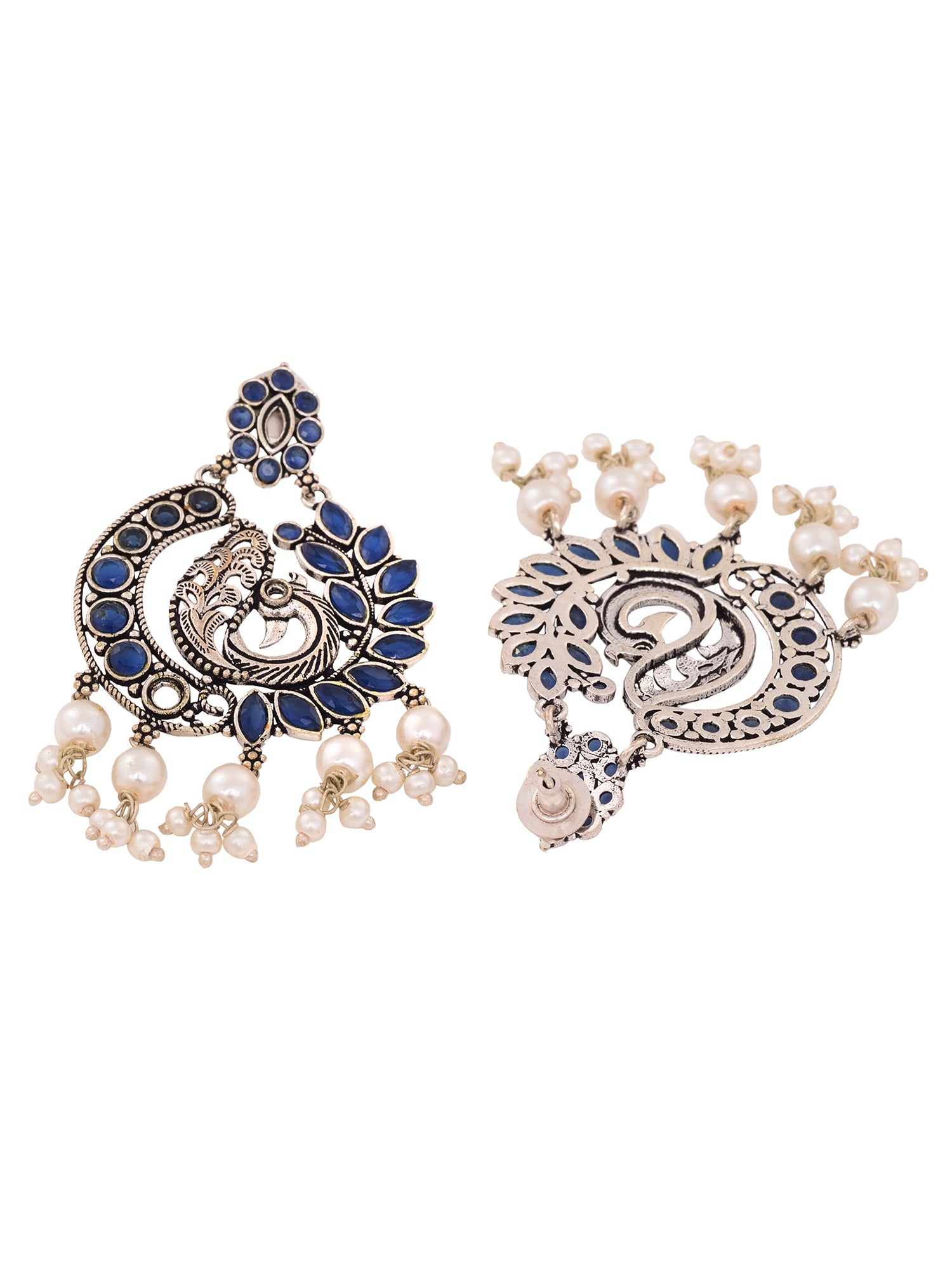 Silver Plated Oxidised Blue Peacock shaped Earrings