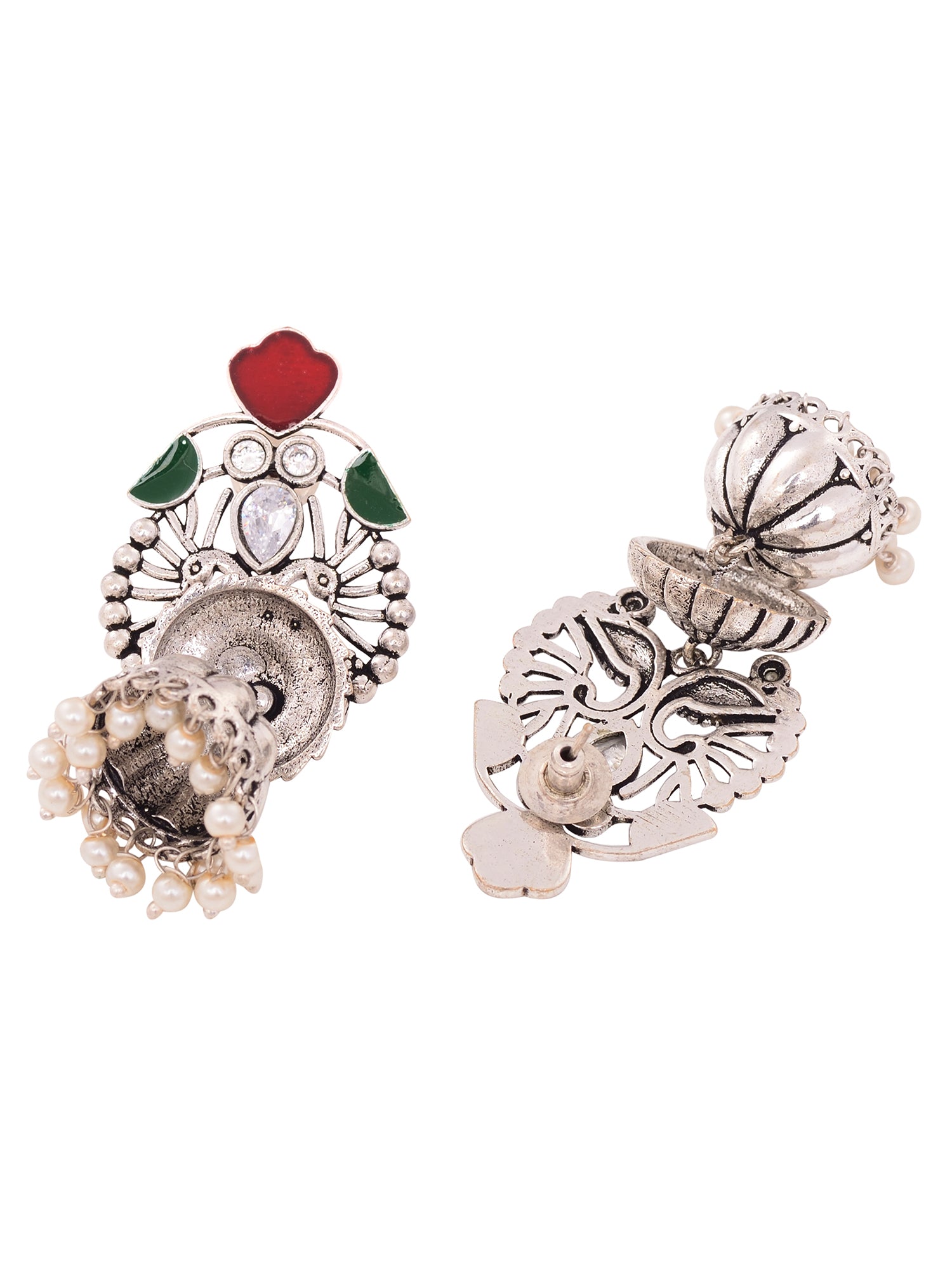 Silver Tonned Contemporary Oxidised Jhumka Earrings