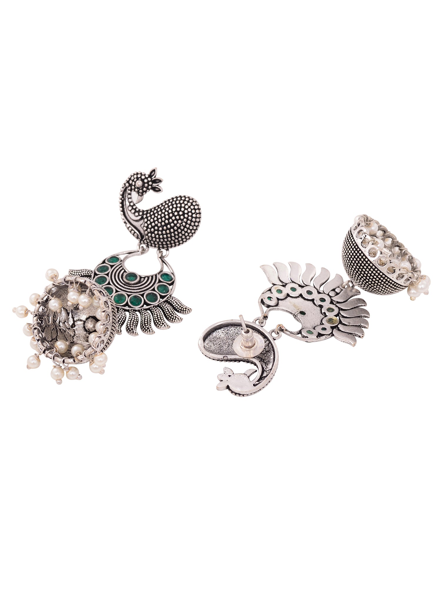 Silver Tonned Peacock design Oxidised Jhumka Earrings