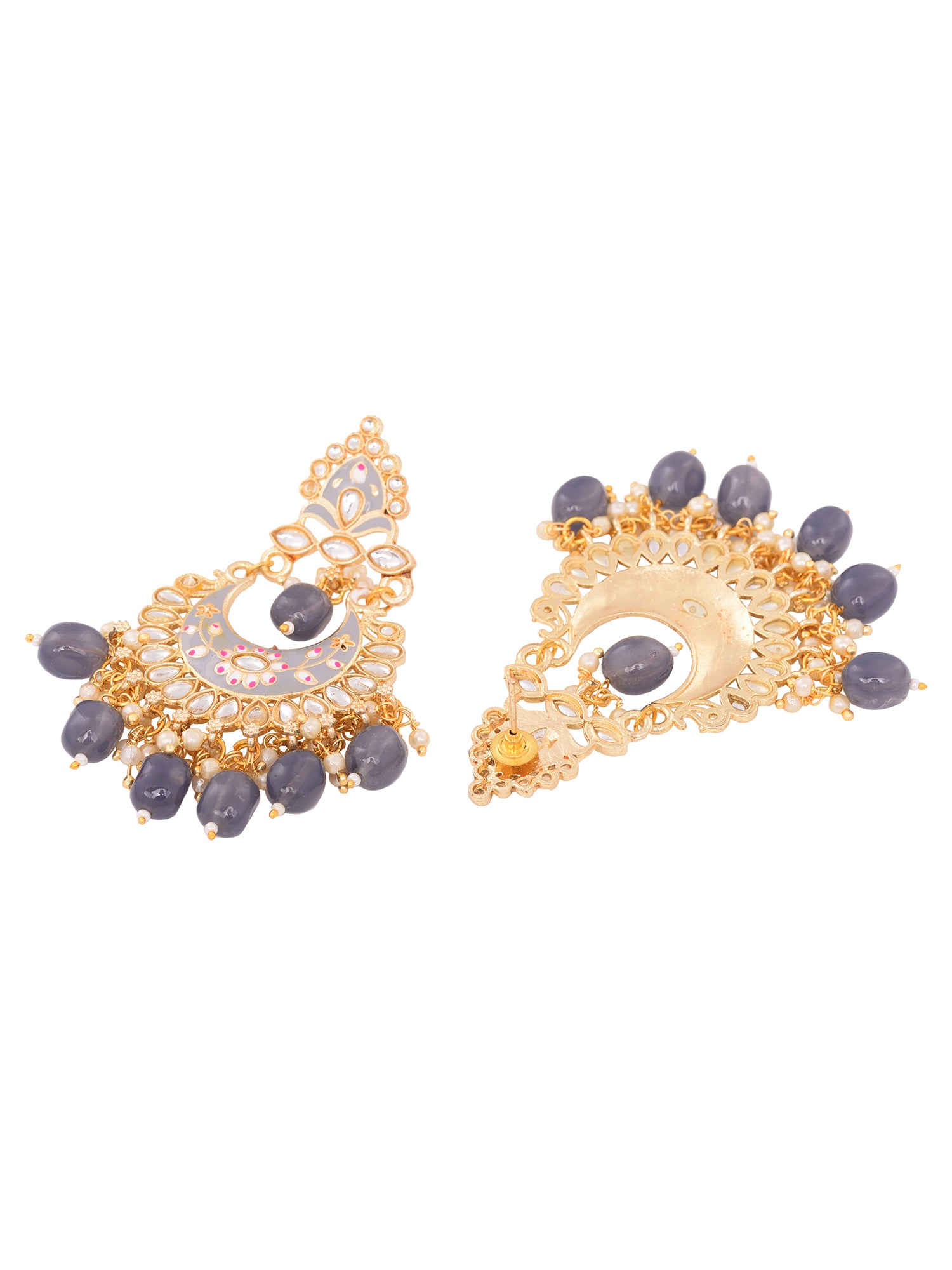 Gold Plated Grey Contemporary Chandbali Drop Earrings