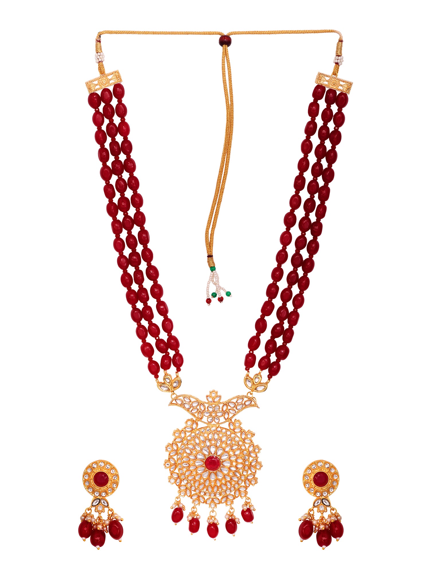 Gold Plated Red & White Pearl Beaded Necklace Jewellery Set