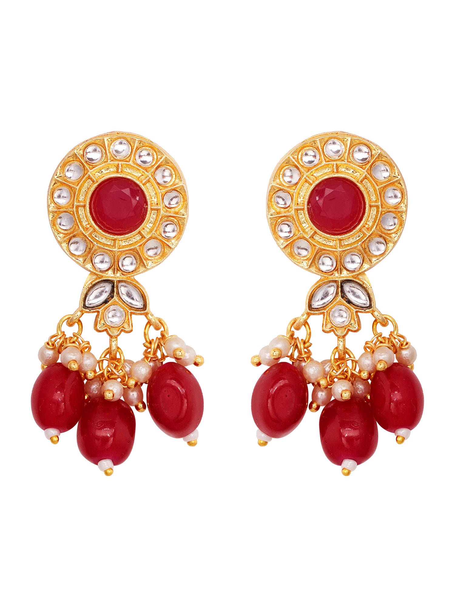 Gold Plated Red & White Pearl Beaded Necklace Jewellery Set