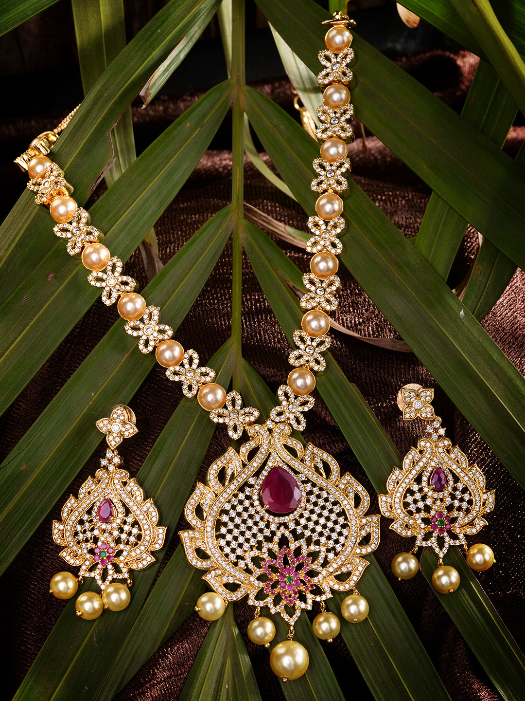 Gold Plated Red AD & Pearl studded Pendant Necklace and Earrings Set