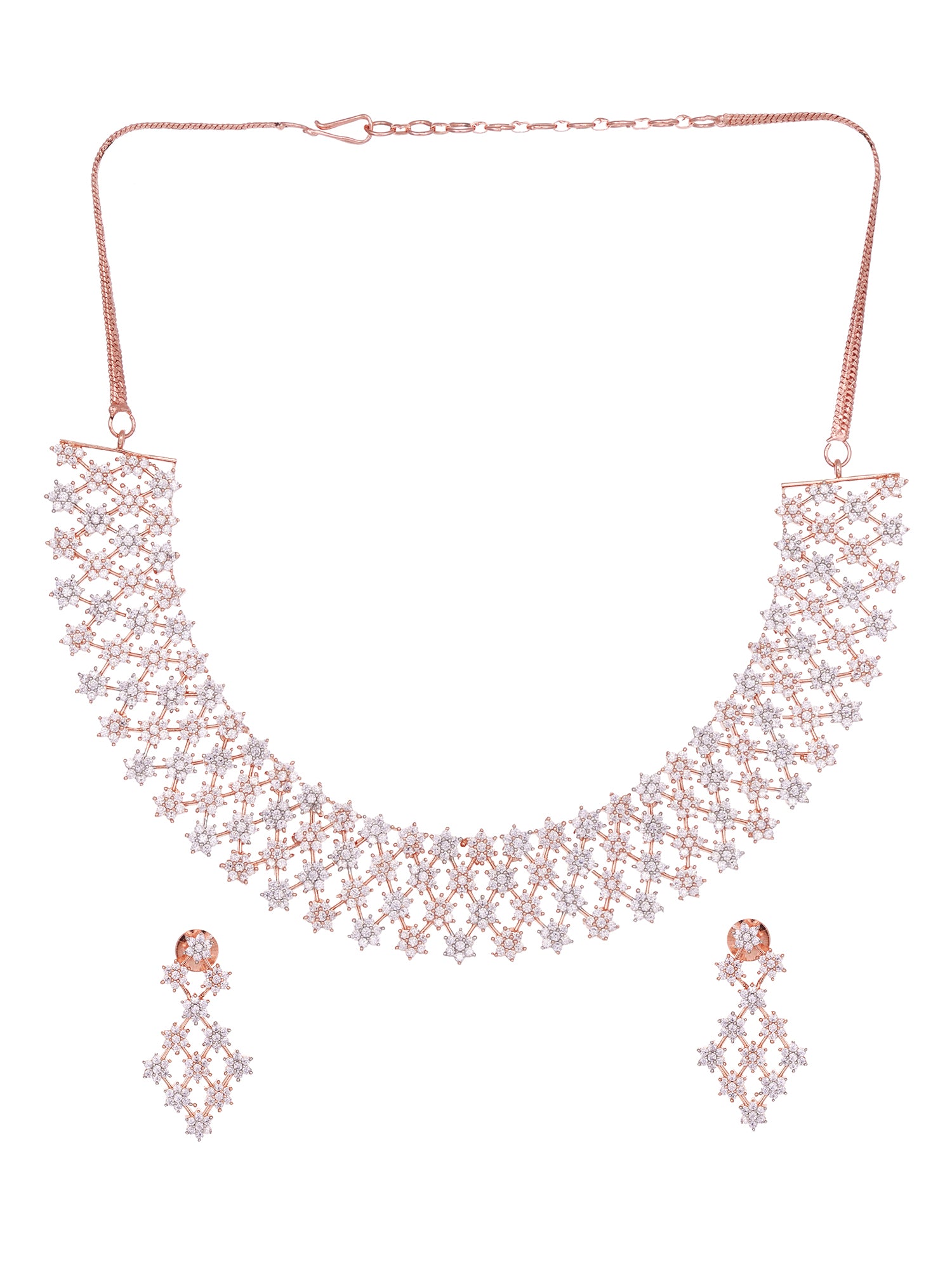 Rose Gold Plated White AD Studded Modern Necklace Jewellery Set Earrings