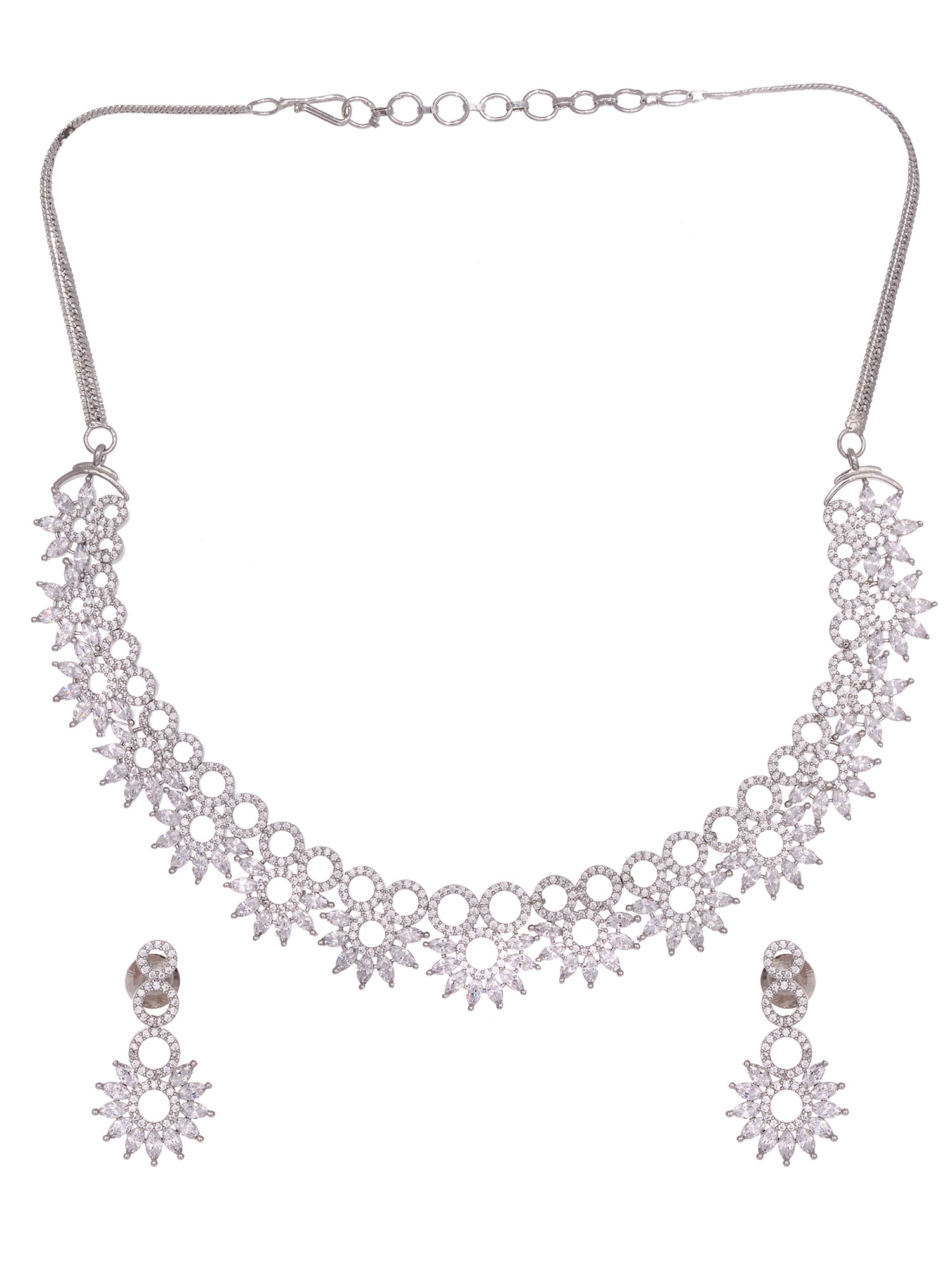Silver Plated White AD studded Star Shaped Necklace Jewellery Set