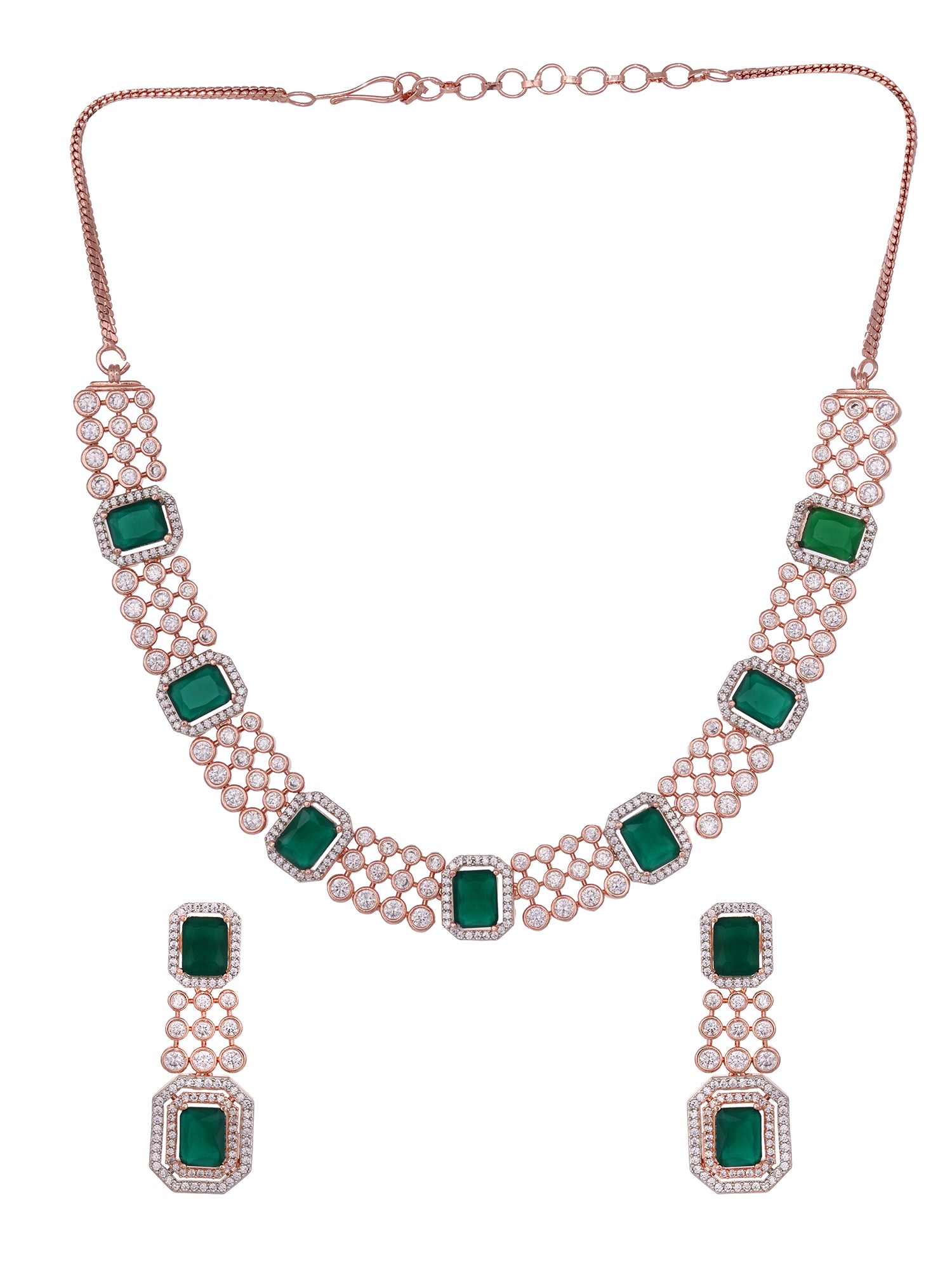 Rose Gold Plated White & Green AD Studded Modern Necklace Jewellery Set
