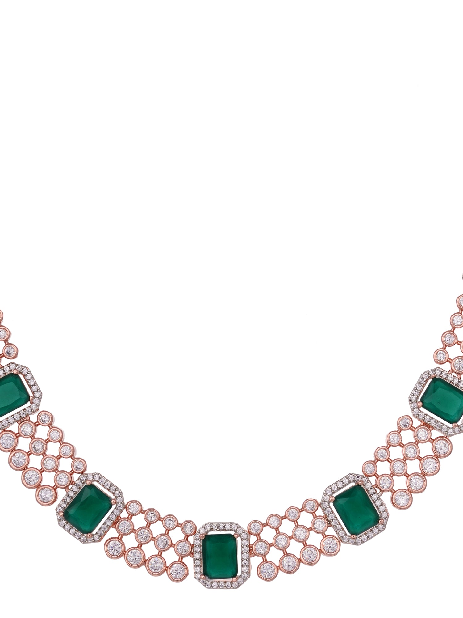 Rose Gold Plated White & Green AD Studded Modern Necklace Jewellery Set