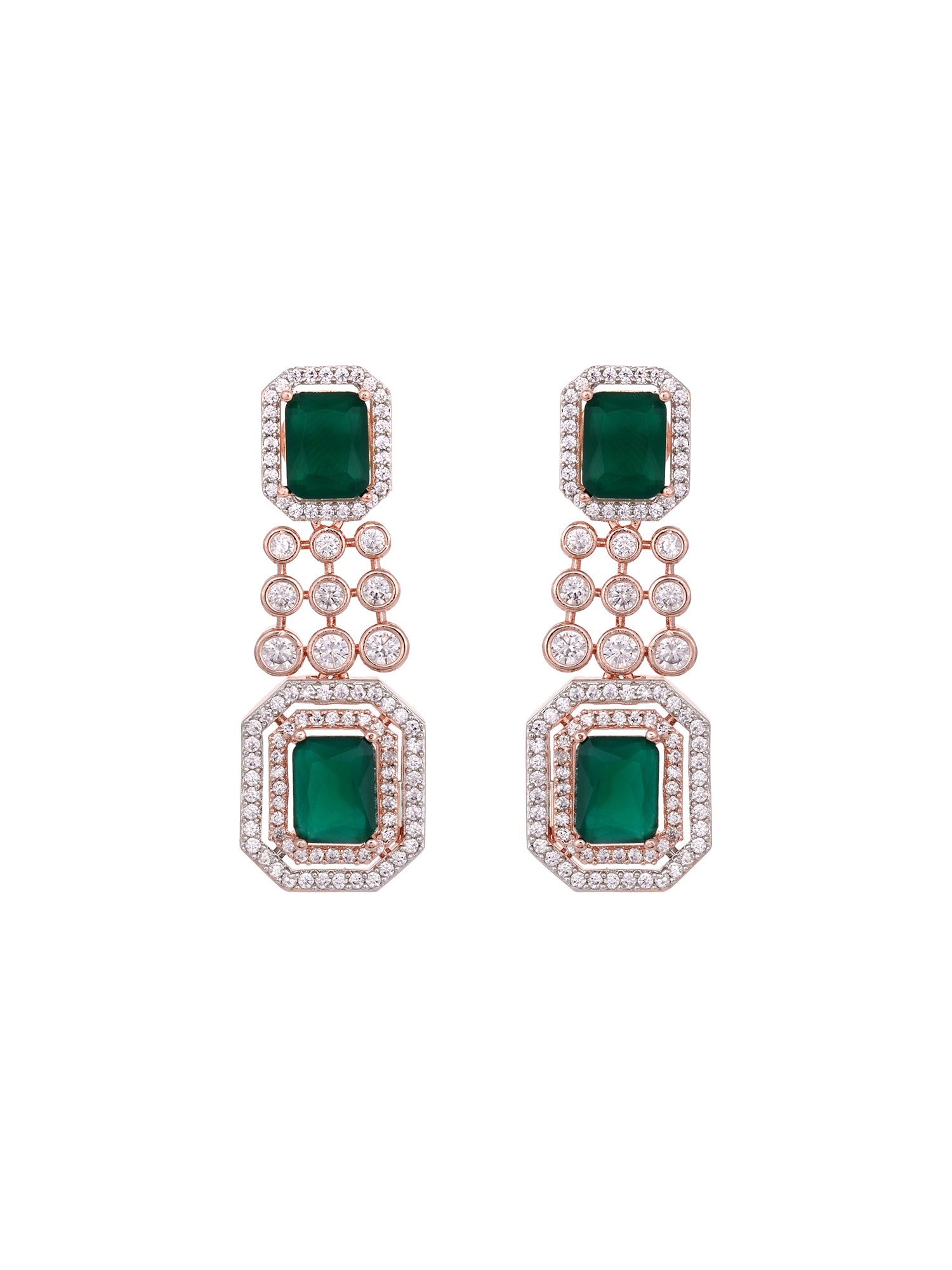 Rose Gold Plated White & Green AD Studded Modern Necklace Jewellery Set