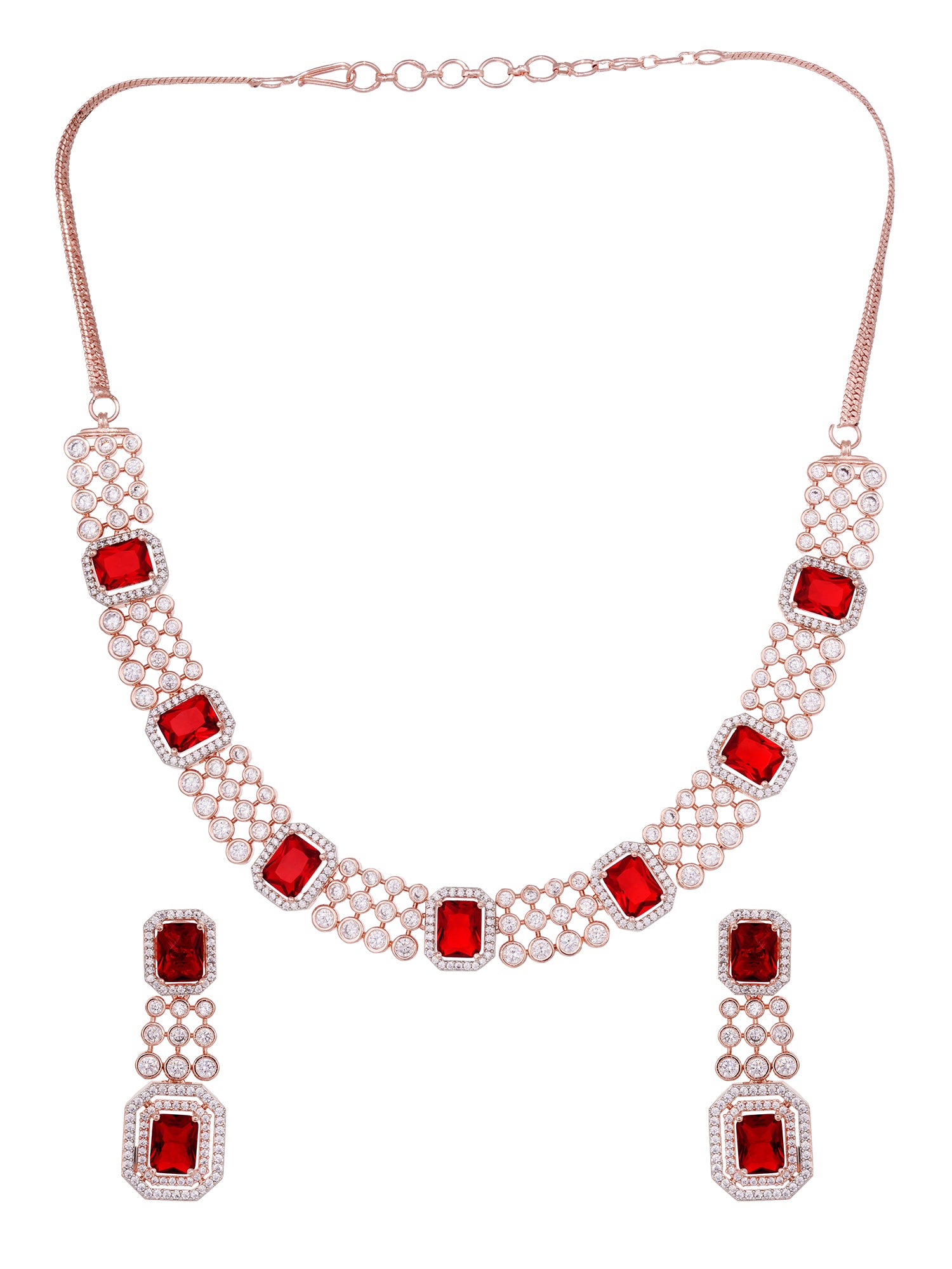 Rose Gold Plated White & Red AD Studded Contemporary Necklace Jewellery Set