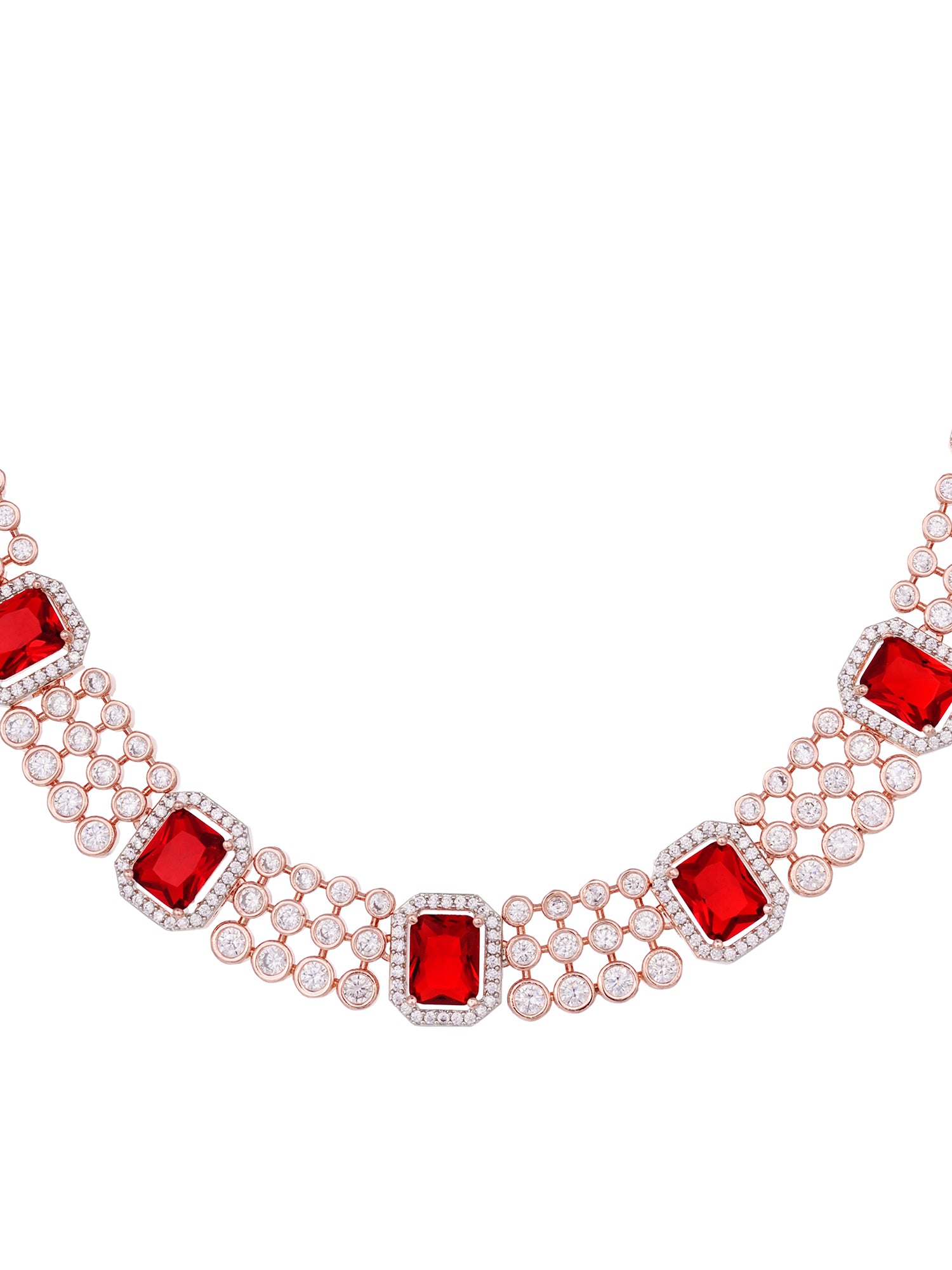 Rose Gold Plated White & Red AD Studded Contemporary Necklace Jewellery Set