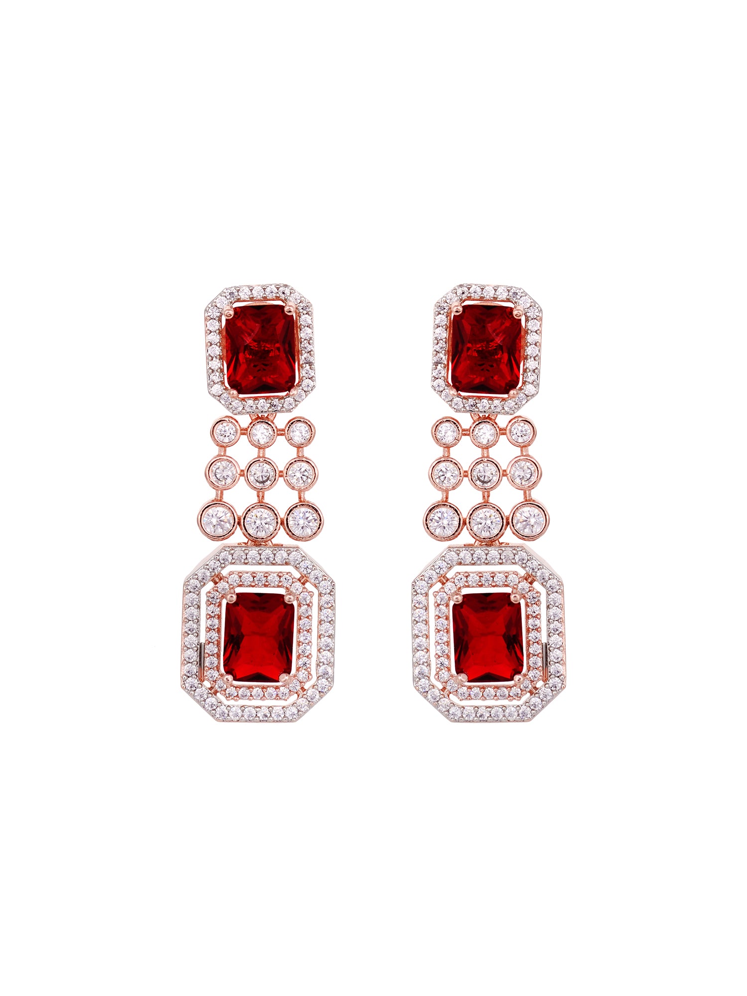 Rose Gold Plated White & Red AD Studded Contemporary Necklace Jewellery Set