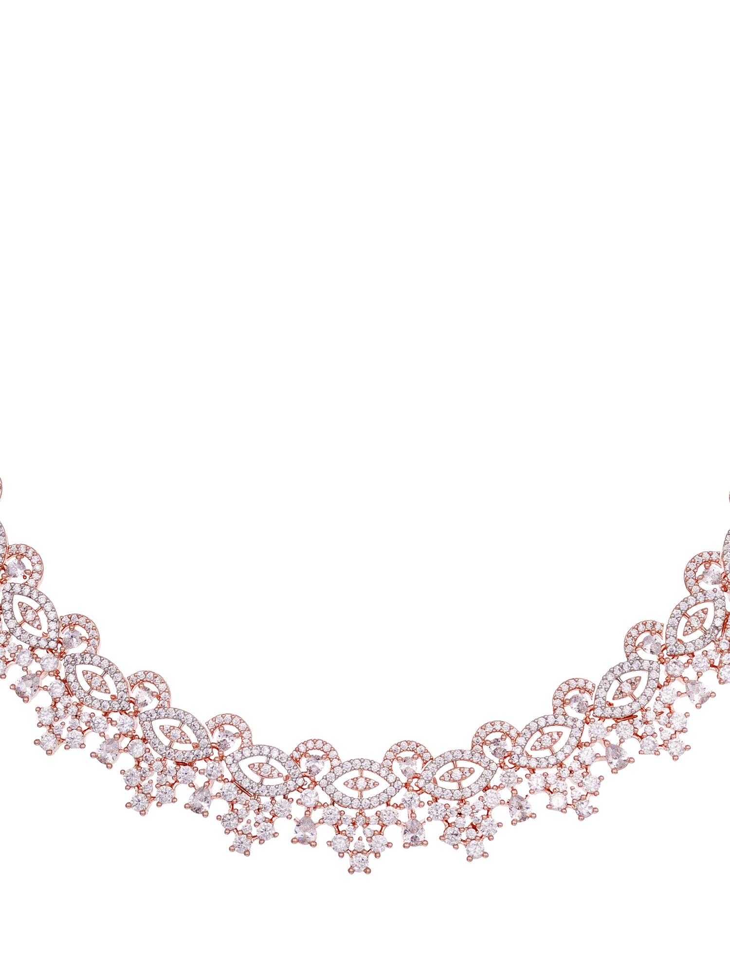 Rose Gold Plated White AD Studded Necklace Jhumka Jewellery Set