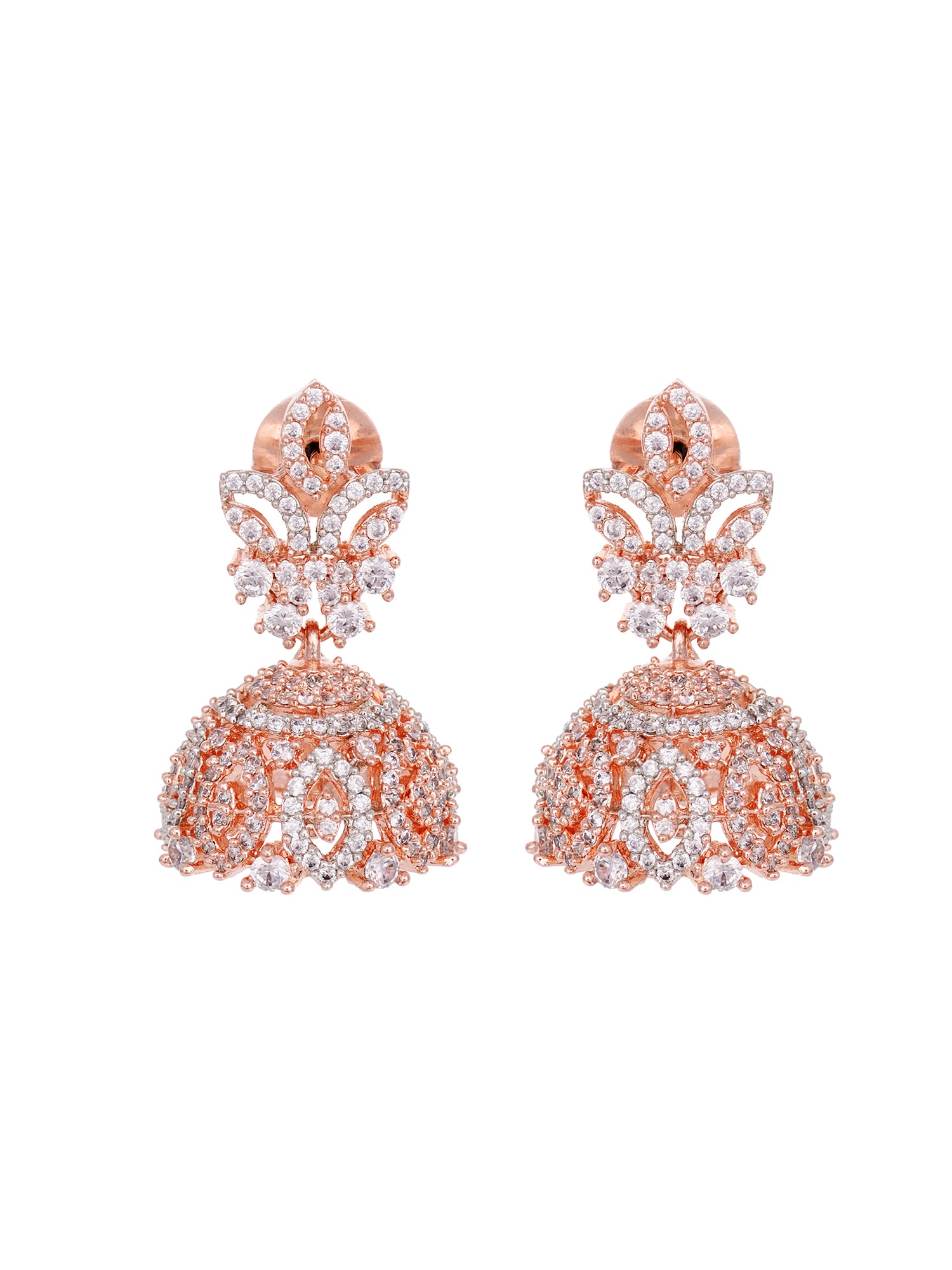 Rose Gold Plated White AD Studded Necklace Jhumka Jewellery Set