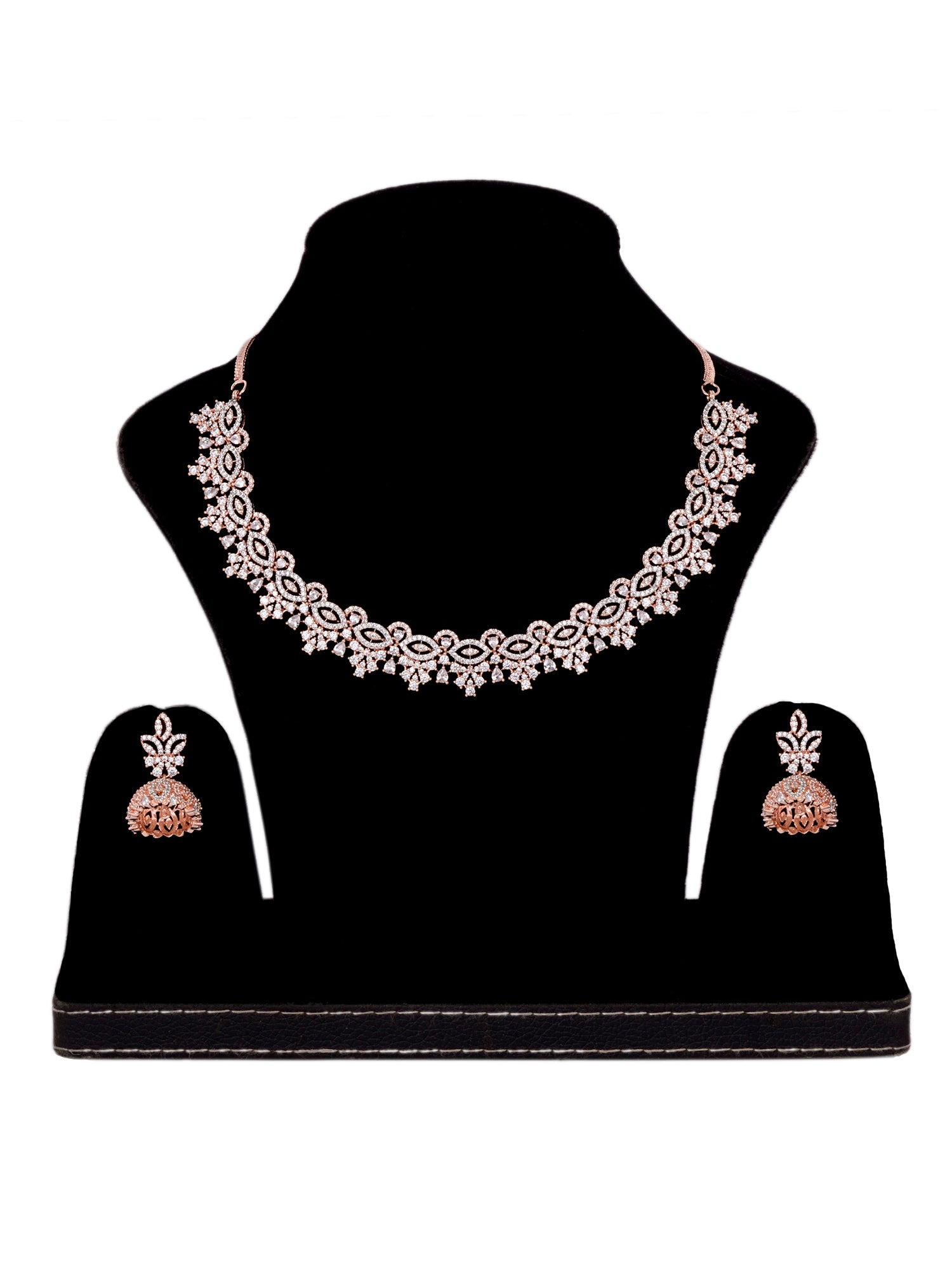 Rose Gold Plated White AD Studded Necklace Jhumka Jewellery Set