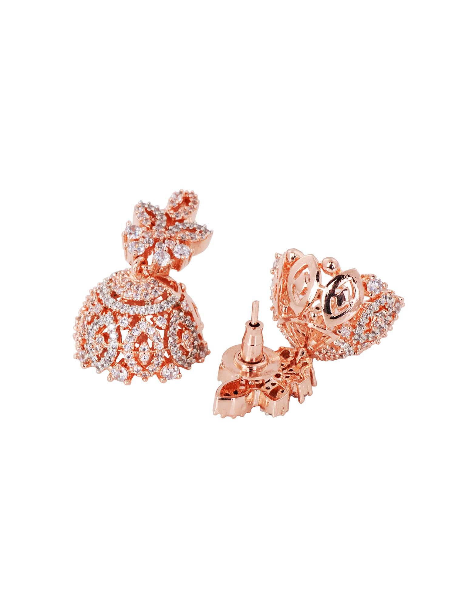 Rose Gold Plated White AD Studded Necklace Jhumka Jewellery Set