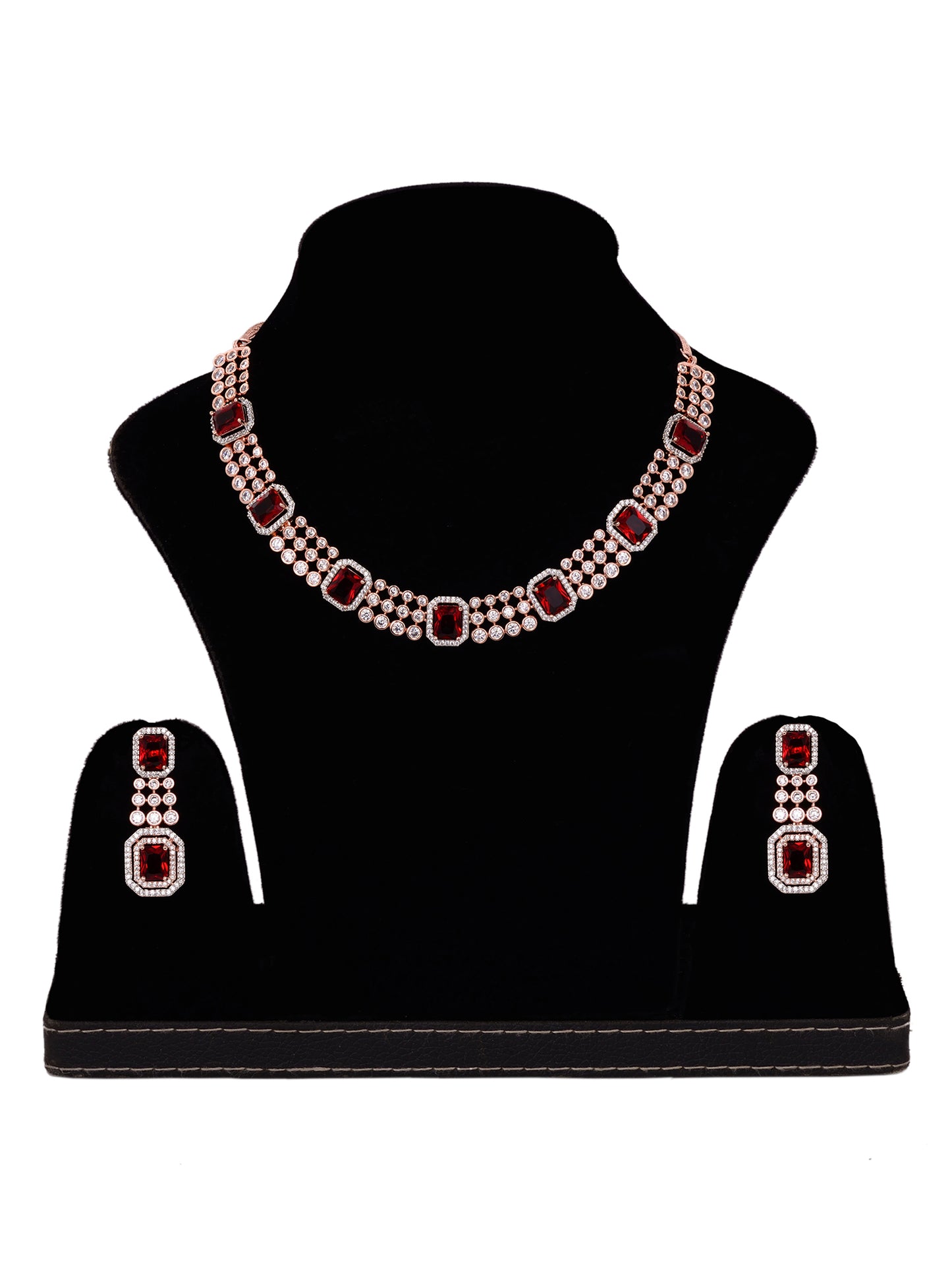 Rose Gold Plated White & Red AD Studded Contemporary Necklace Jewellery Set
