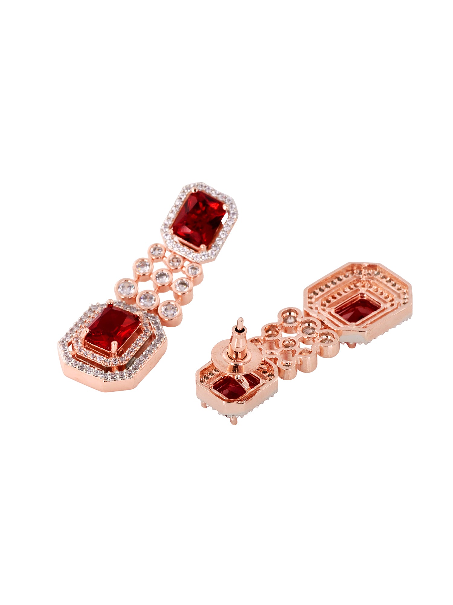 Rose Gold Plated White & Red AD Studded Contemporary Necklace Jewellery Set