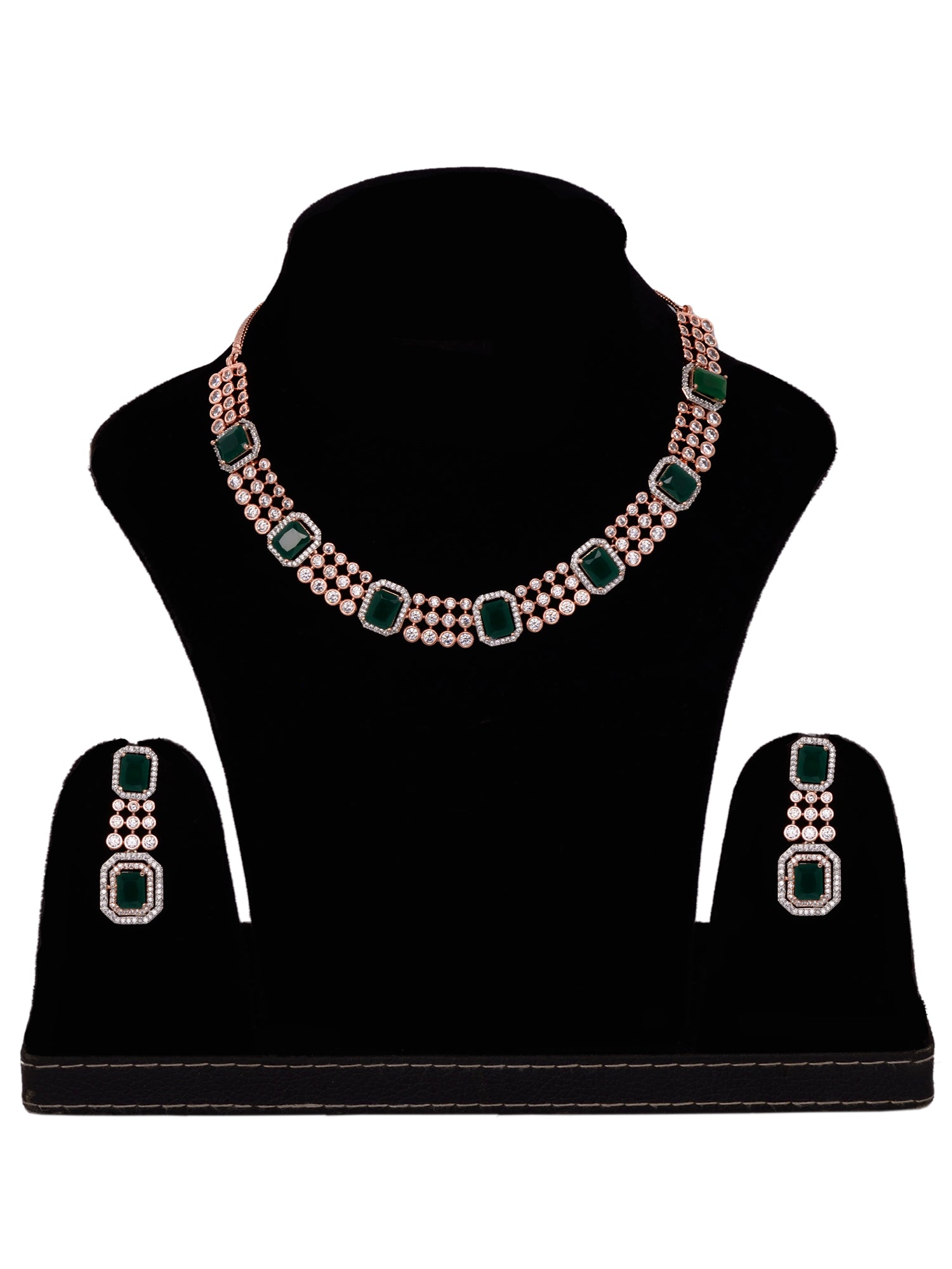 Rose Gold Plated White & Green AD Studded Modern Necklace Jewellery Set