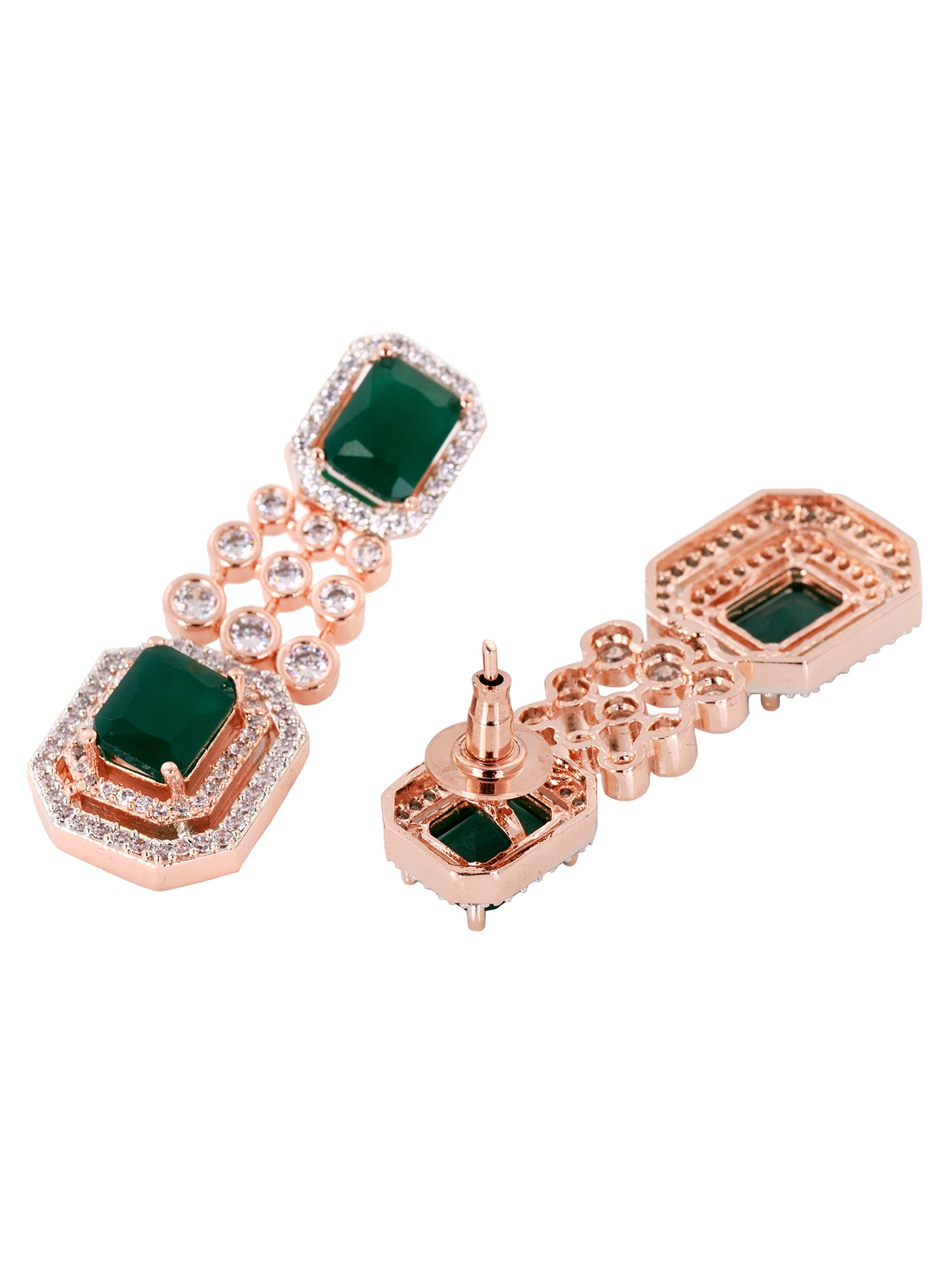Rose Gold Plated White & Green AD Studded Modern Necklace Jewellery Set