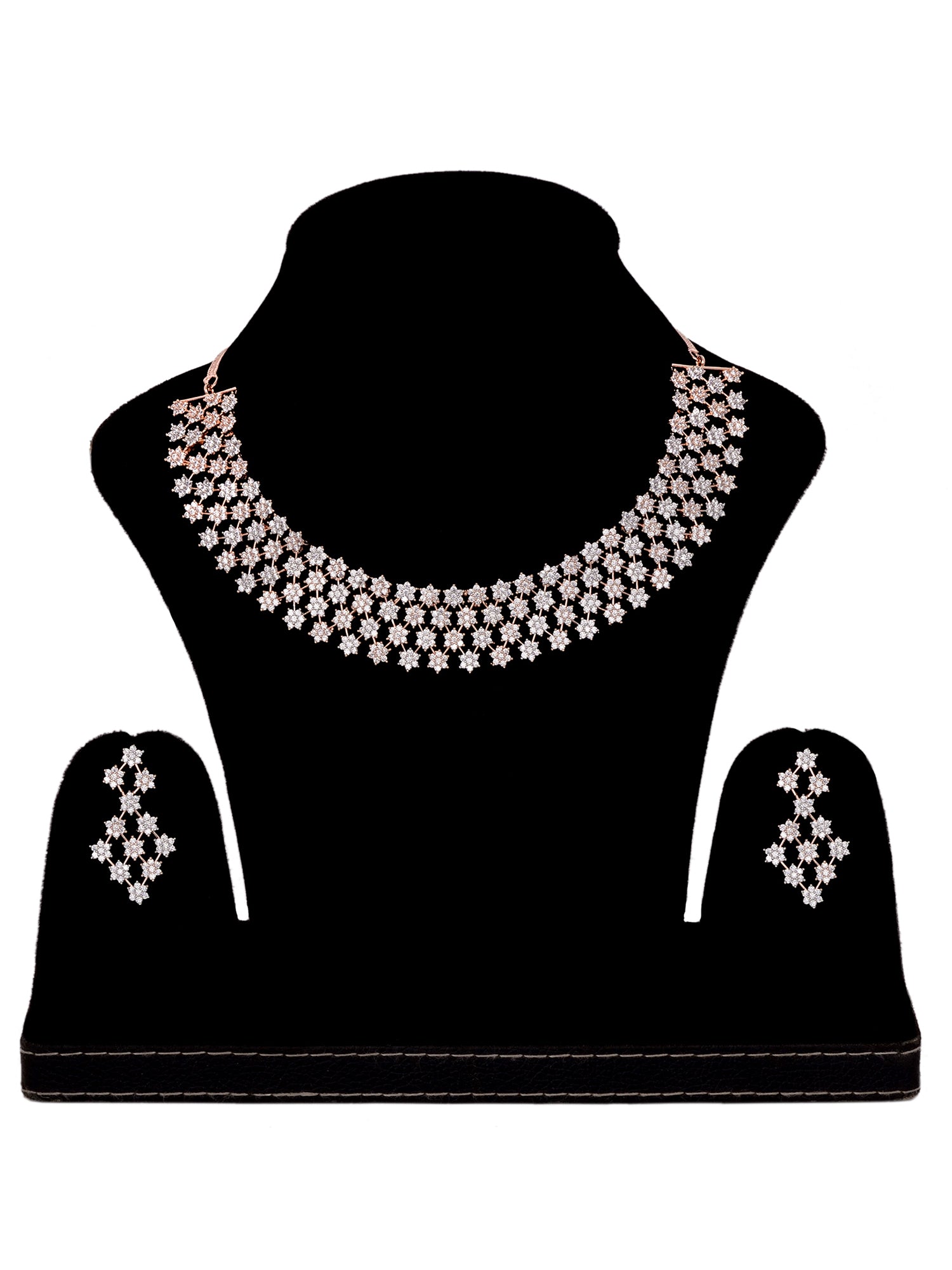 Rose Gold Plated White AD Studded Modern Necklace Jewellery Set Earrings
