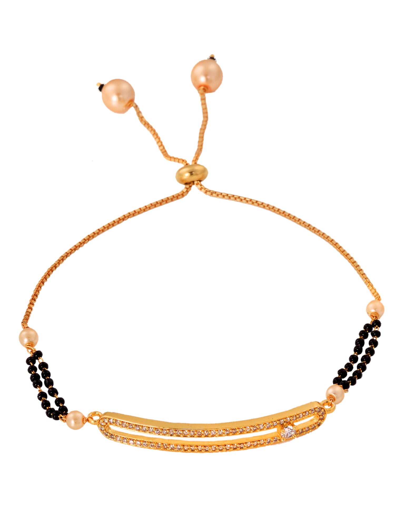 Gold Plated White AD Studded Black Beaded adjustable Mangalsutra Bracelet