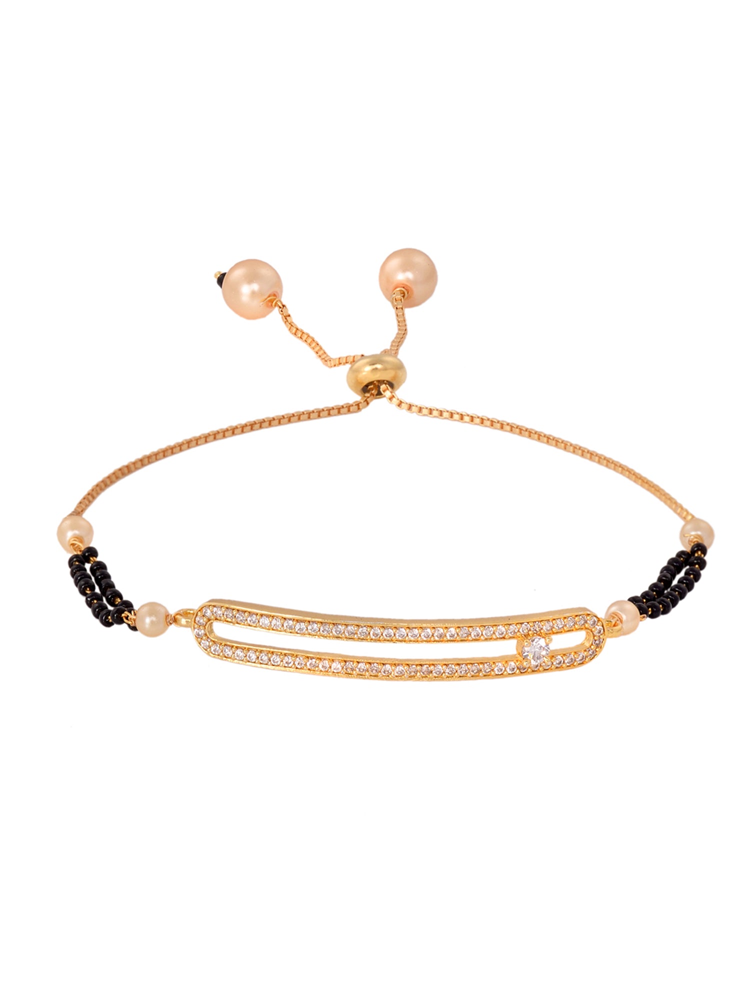 Gold Plated White AD Studded Black Beaded adjustable Mangalsutra Bracelet
