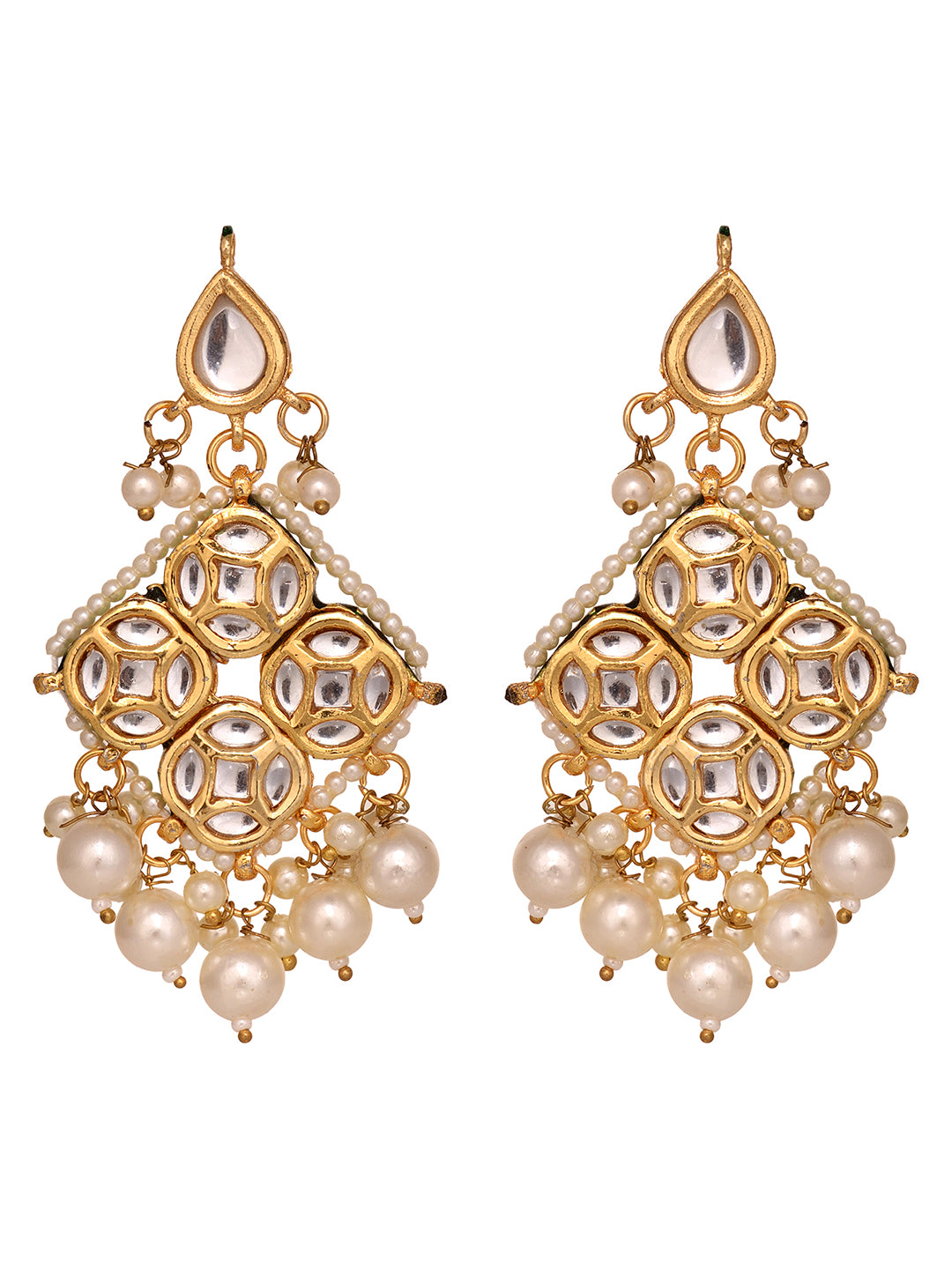Gold Plated Kundan Studded & Pearl Beaded Square Drop Earrings