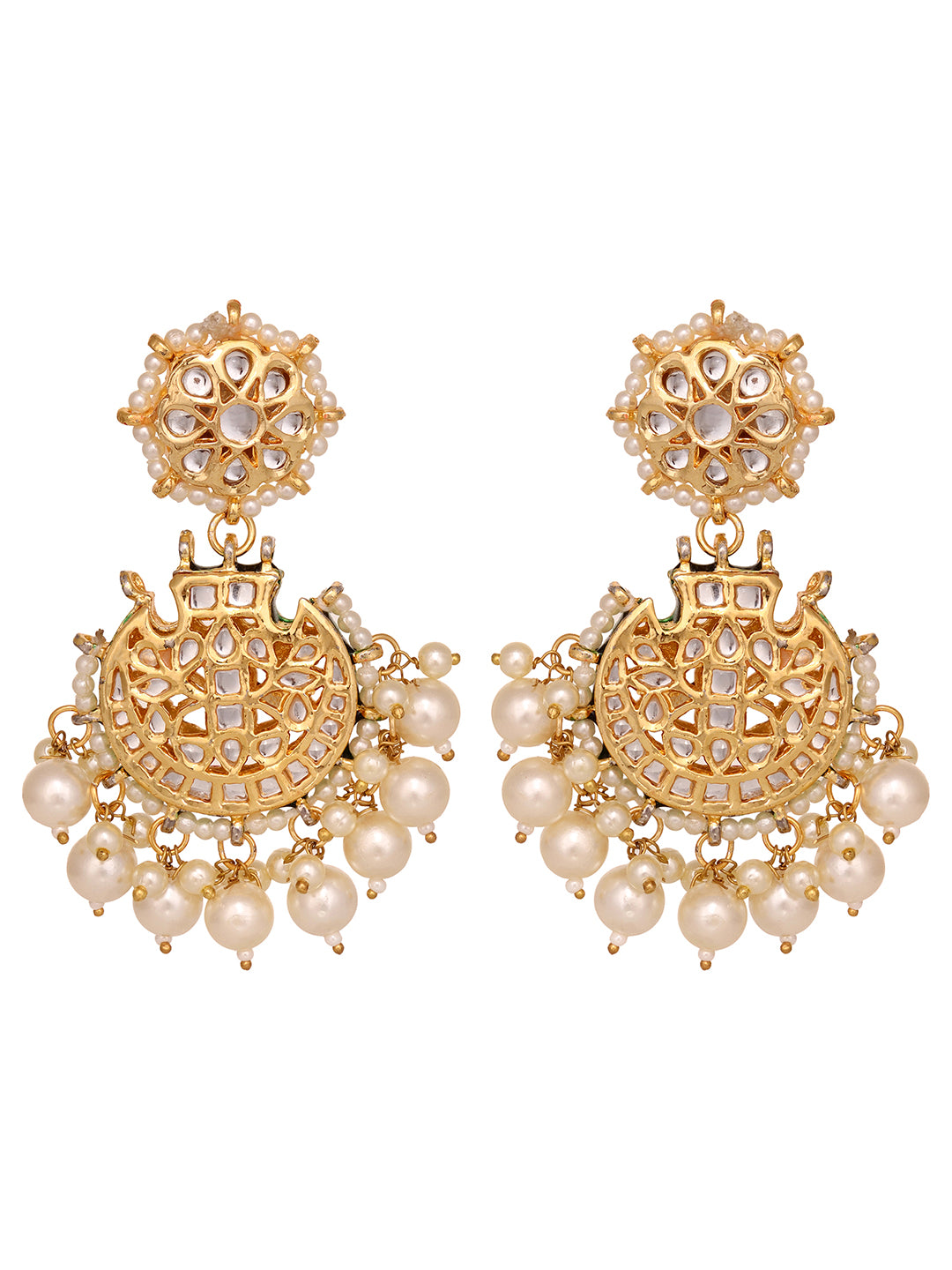 Off White Gold Toned Kundan Studded & Pearl Beaded Chandbalis