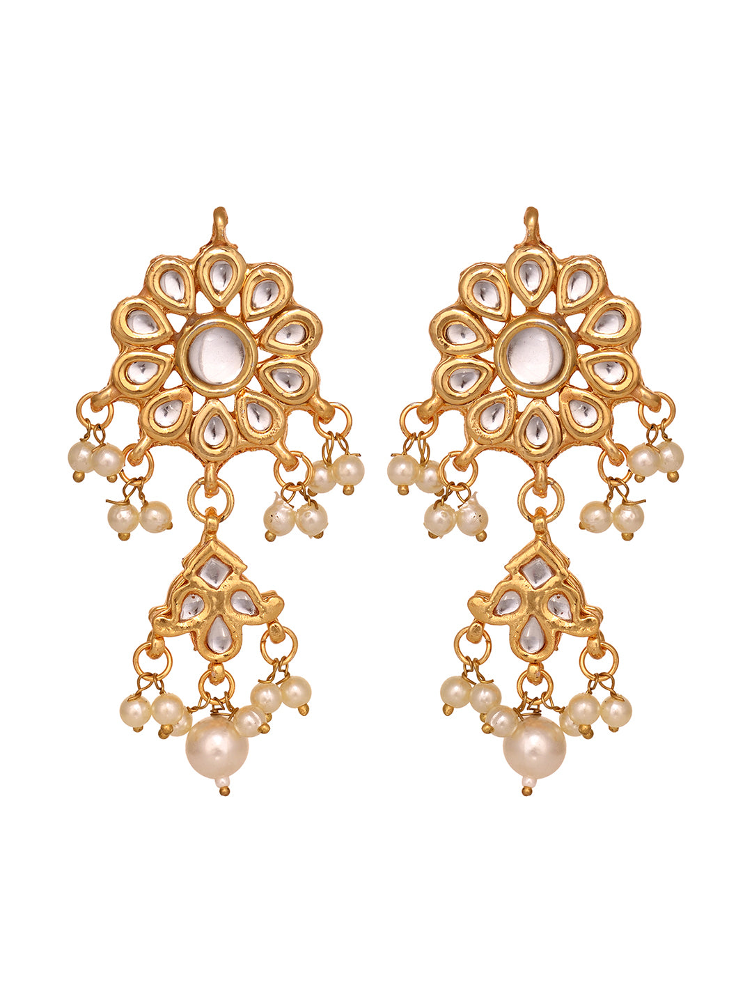 Gold Plated Kundan Studded & pearl BeadedFloral Drop Earrings