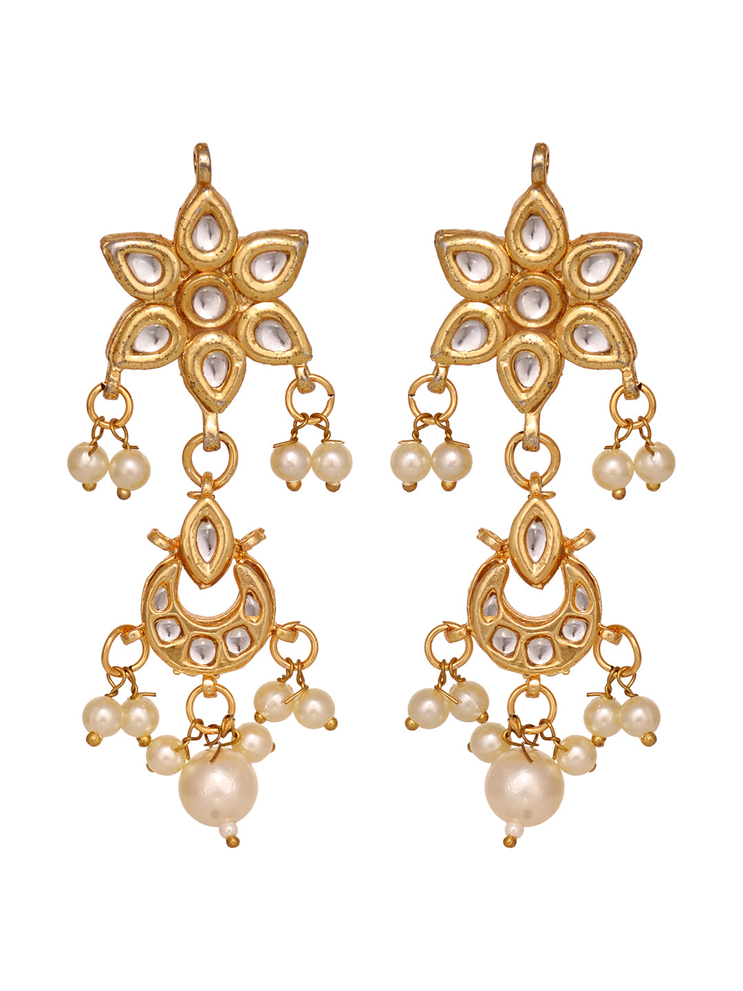 Gold Plated Kundan Studded Floral Chand Earrings