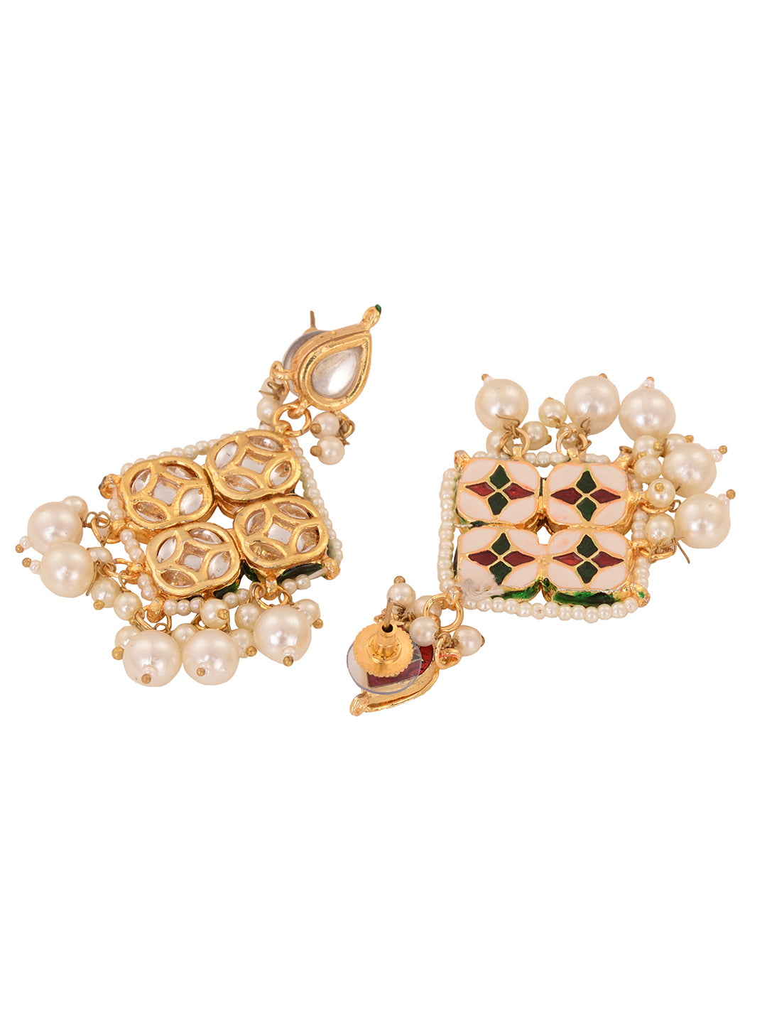 Gold Plated Kundan Studded & Pearl Beaded Square Drop Earrings
