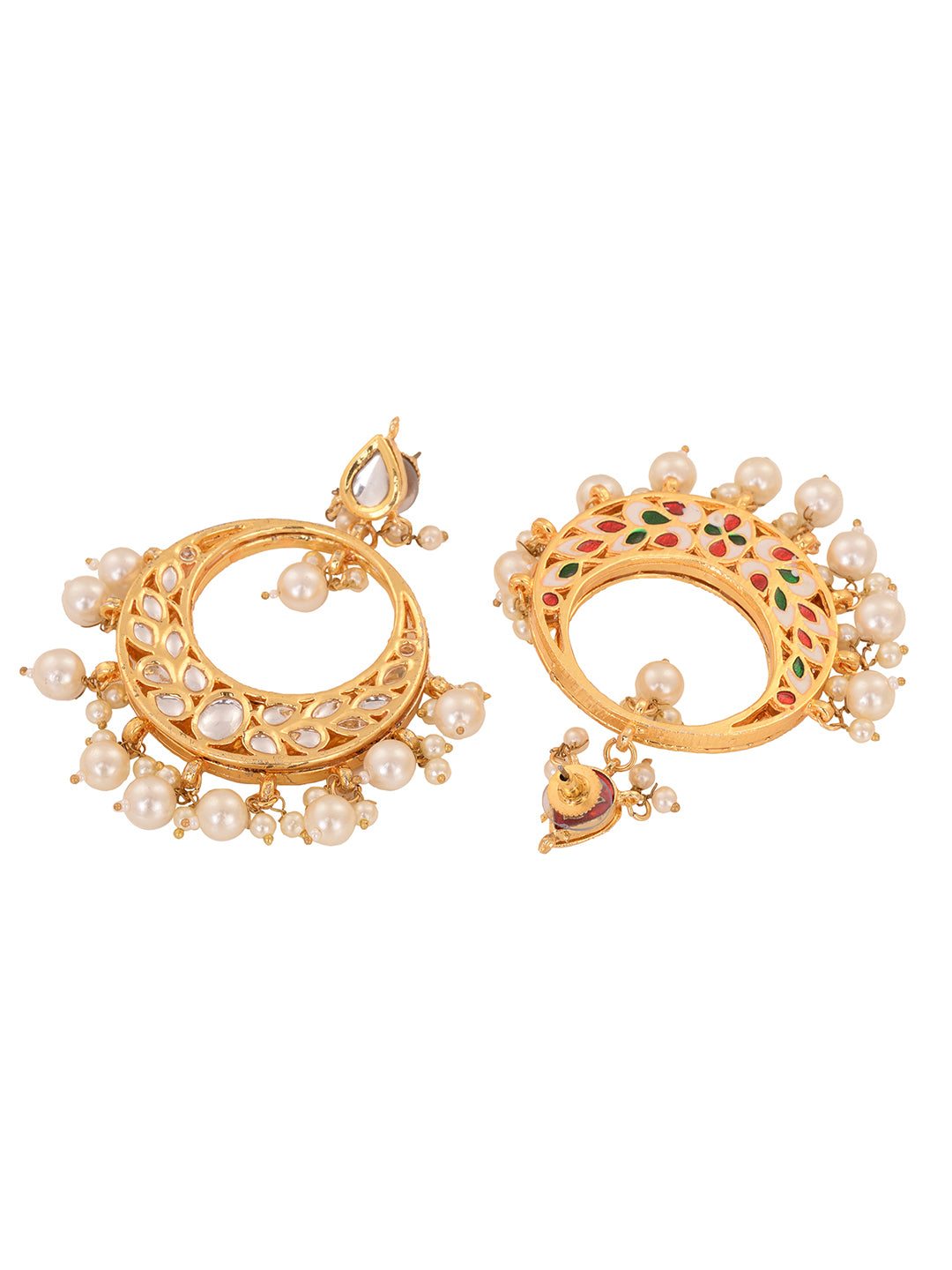 Gold Toned Kundan Studded & Pearl Beaded Designer Circular Earrings