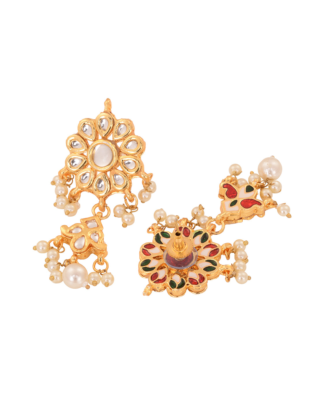 Gold Plated Kundan Studded & pearl BeadedFloral Drop Earrings