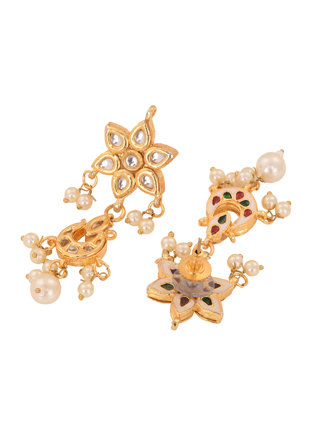Gold Plated Kundan Studded Floral Chand Earrings