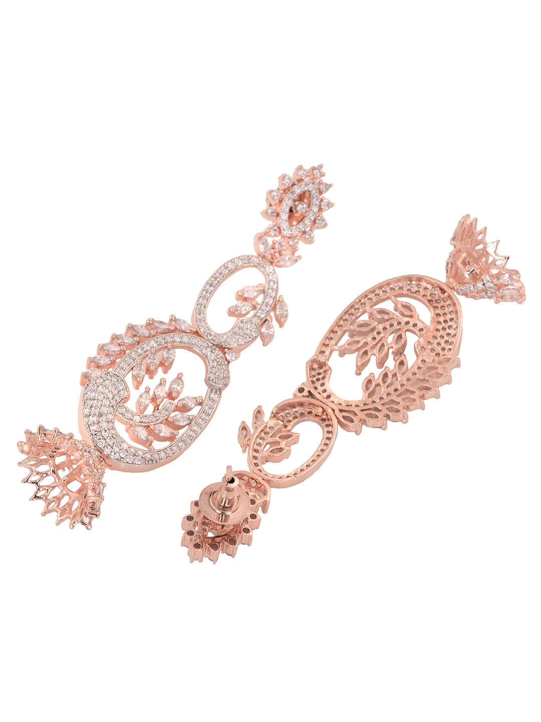 Rose Gold Plated White AD Studded Designer Dropdown Jhumki Earrings