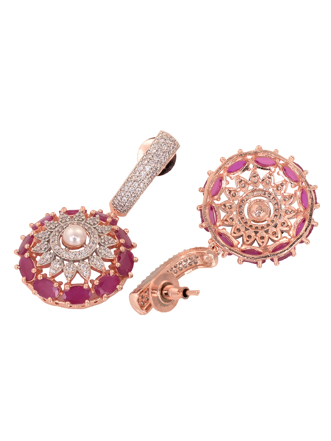 Rose Gold Plated Red AD Studded Solar Drop Earrings