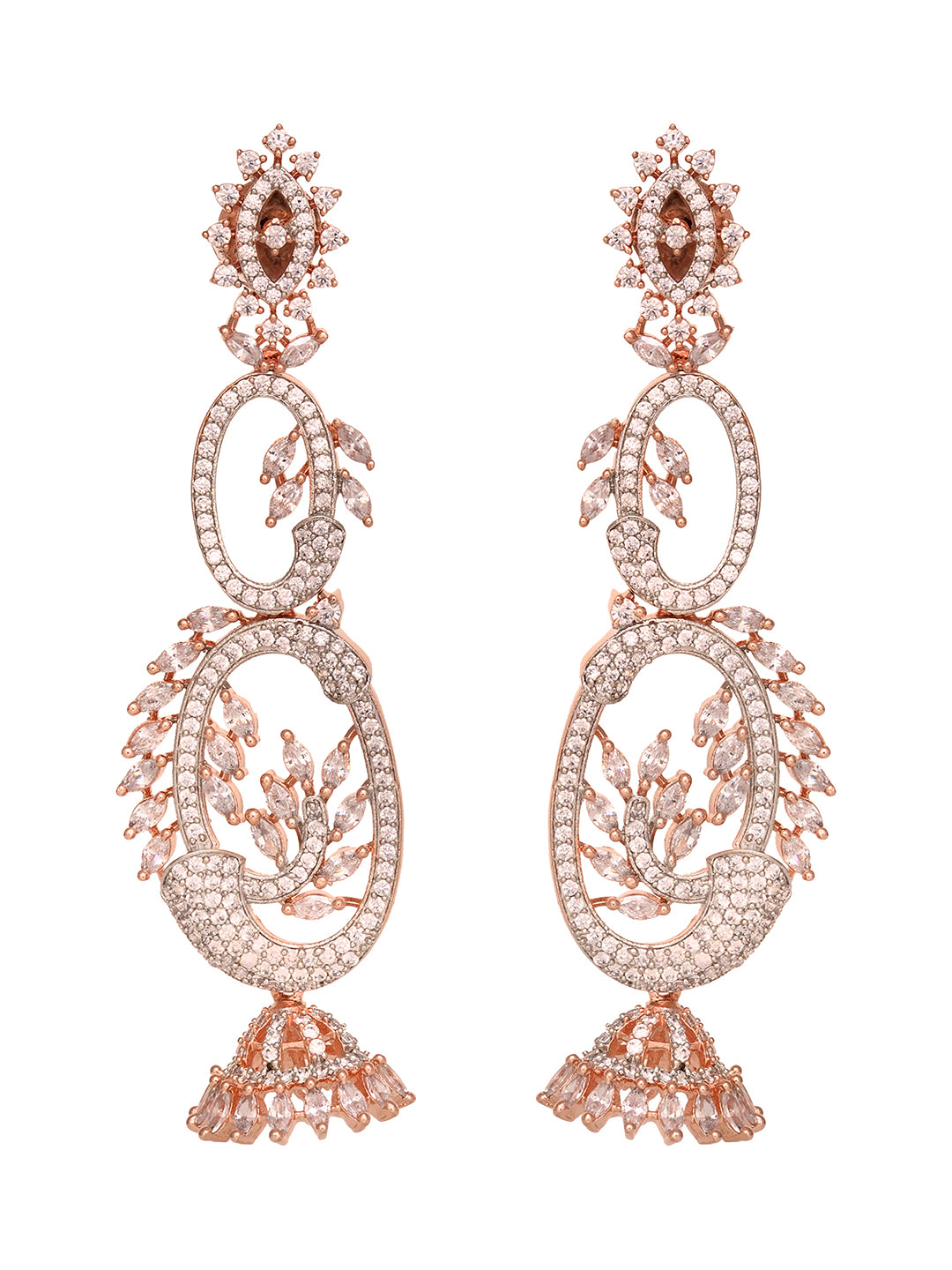Rose Gold Plated White AD Studded Designer Dropdown Jhumki Earrings