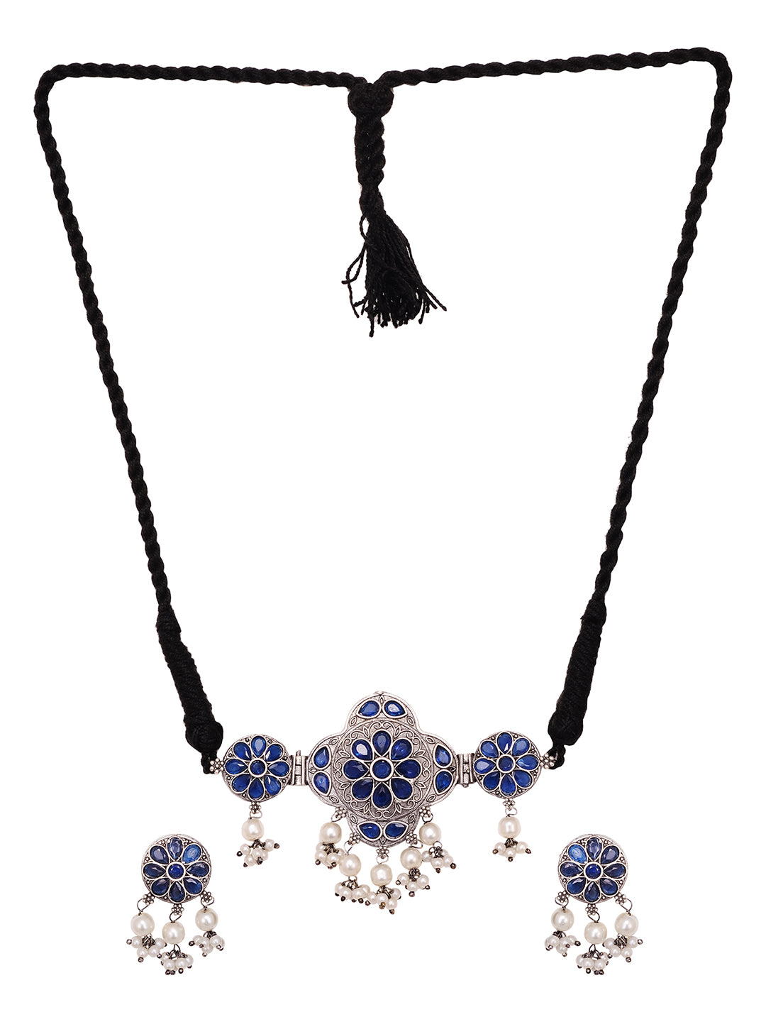 Silver Oxidised Blue Stone Studded Tribal Choker Jewellery set