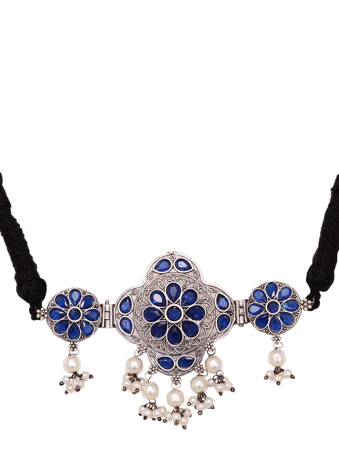 Silver Oxidised Blue Stone Studded Tribal Choker Jewellery set
